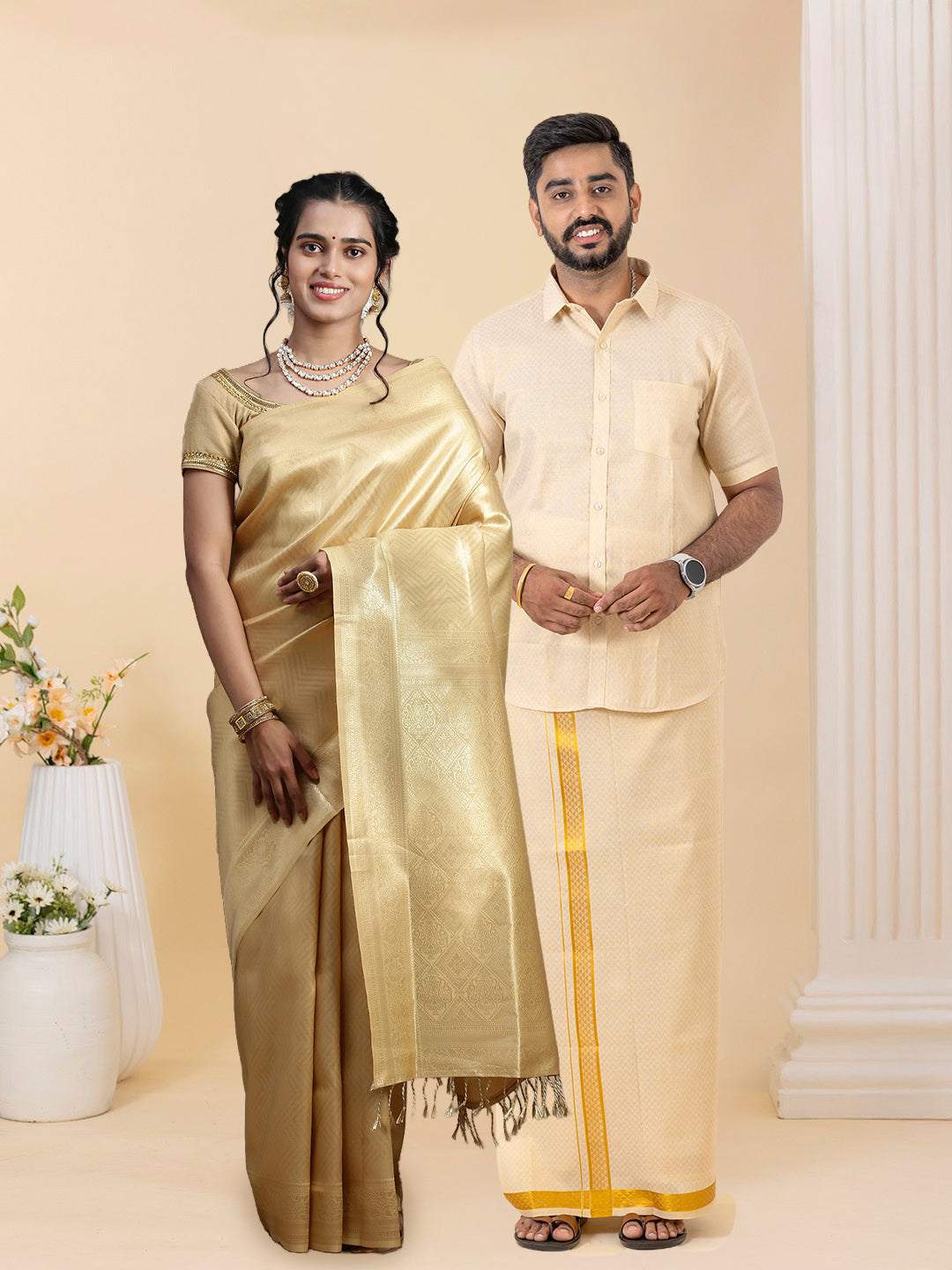 Couple Combo Shirt & Dhoti Set with Saree Gold ASS109