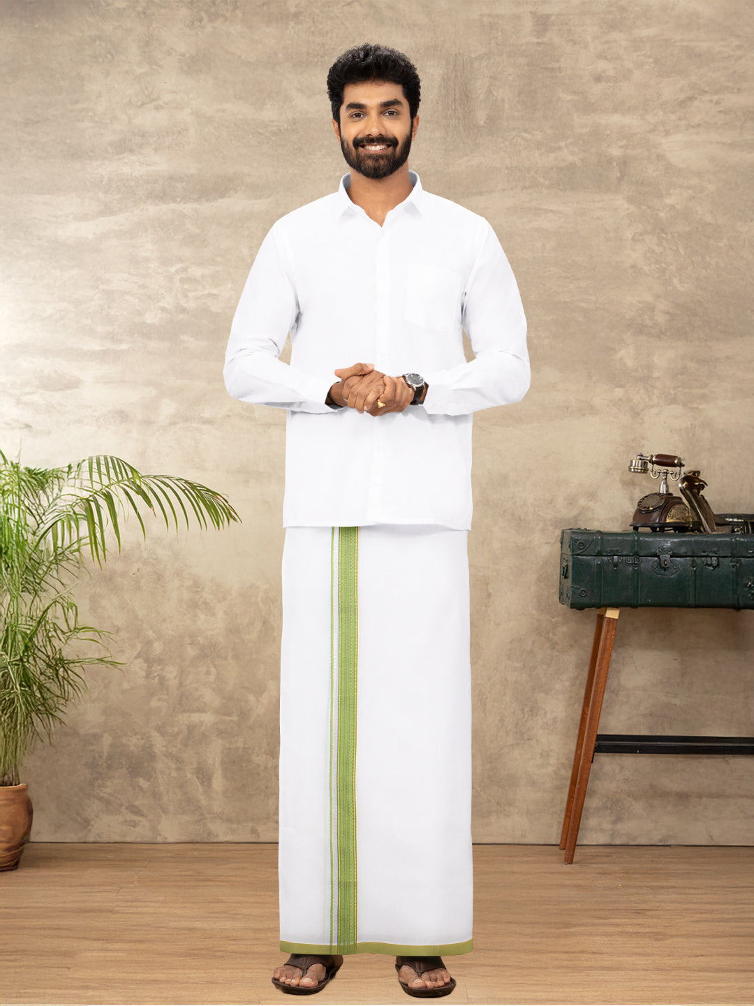 Men 100% Cotton Double Layer White Dhoti with Fancy Jari Border RGF02