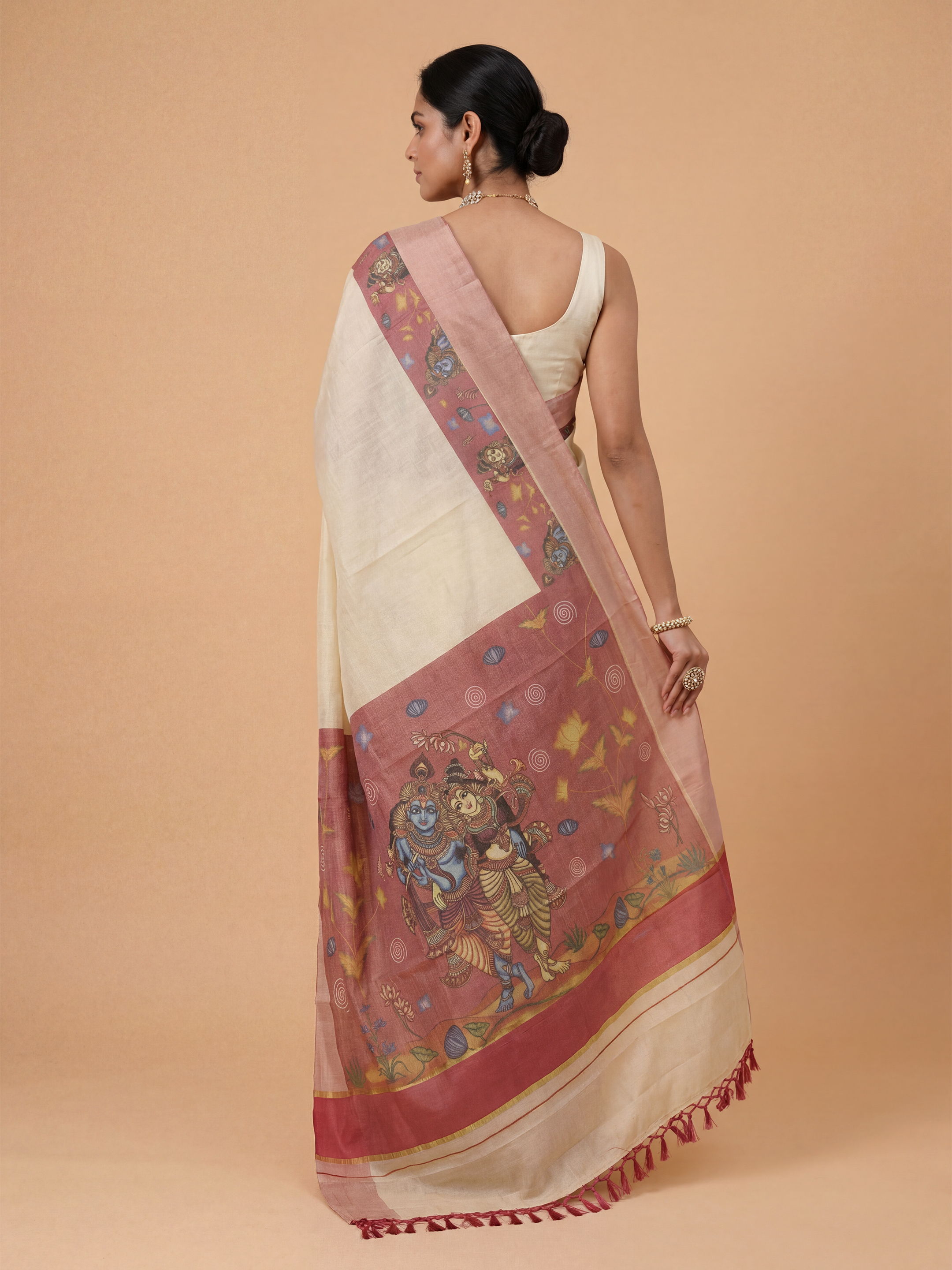 Women Tissue Pink Krishna Printed Kerala Saree KLS21