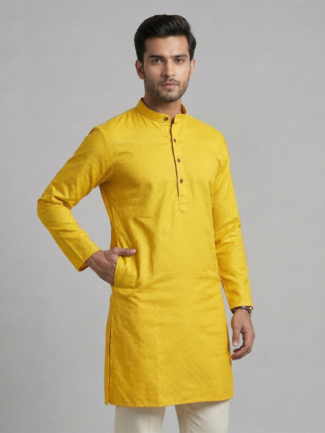 Cotton Medium Length Self Design Pocket Kurta Yellow D4