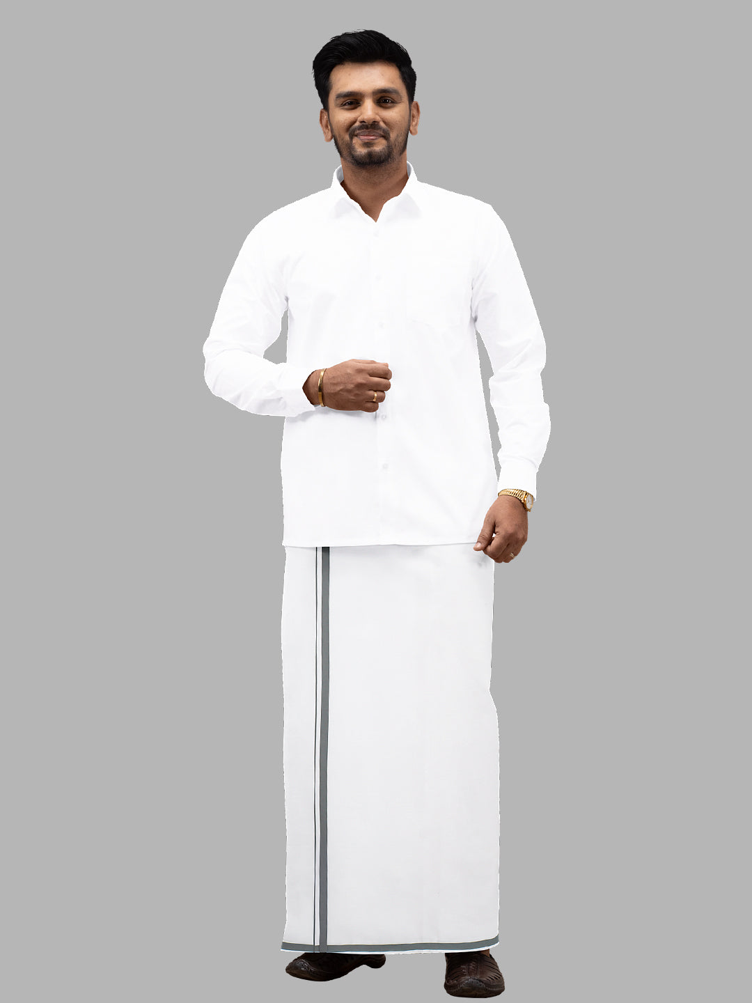 Men White with Grey Big Border Single Layer Dhoti Bramosh