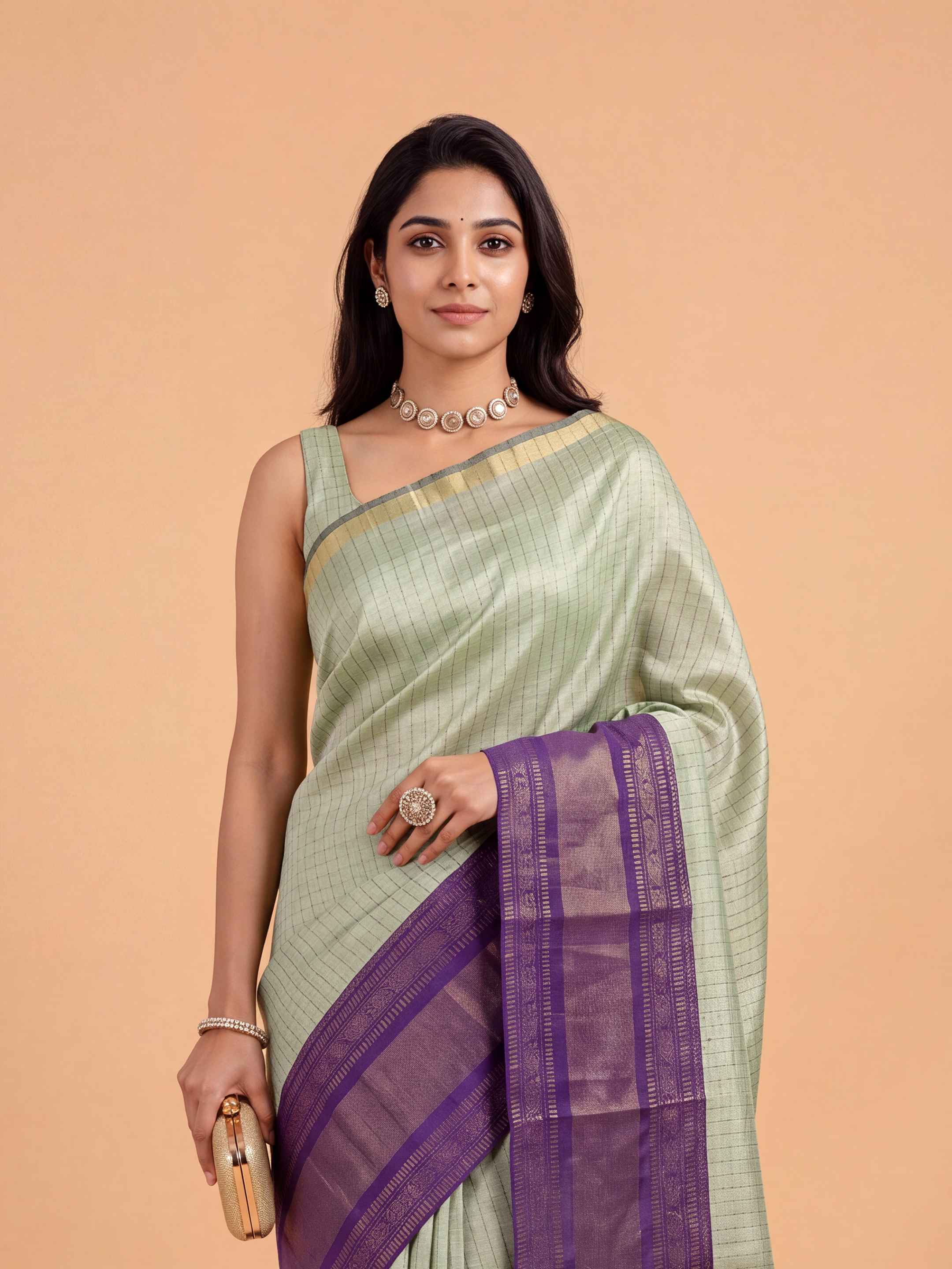 Women Semi Linen Green Checked Fancy Saree SL261