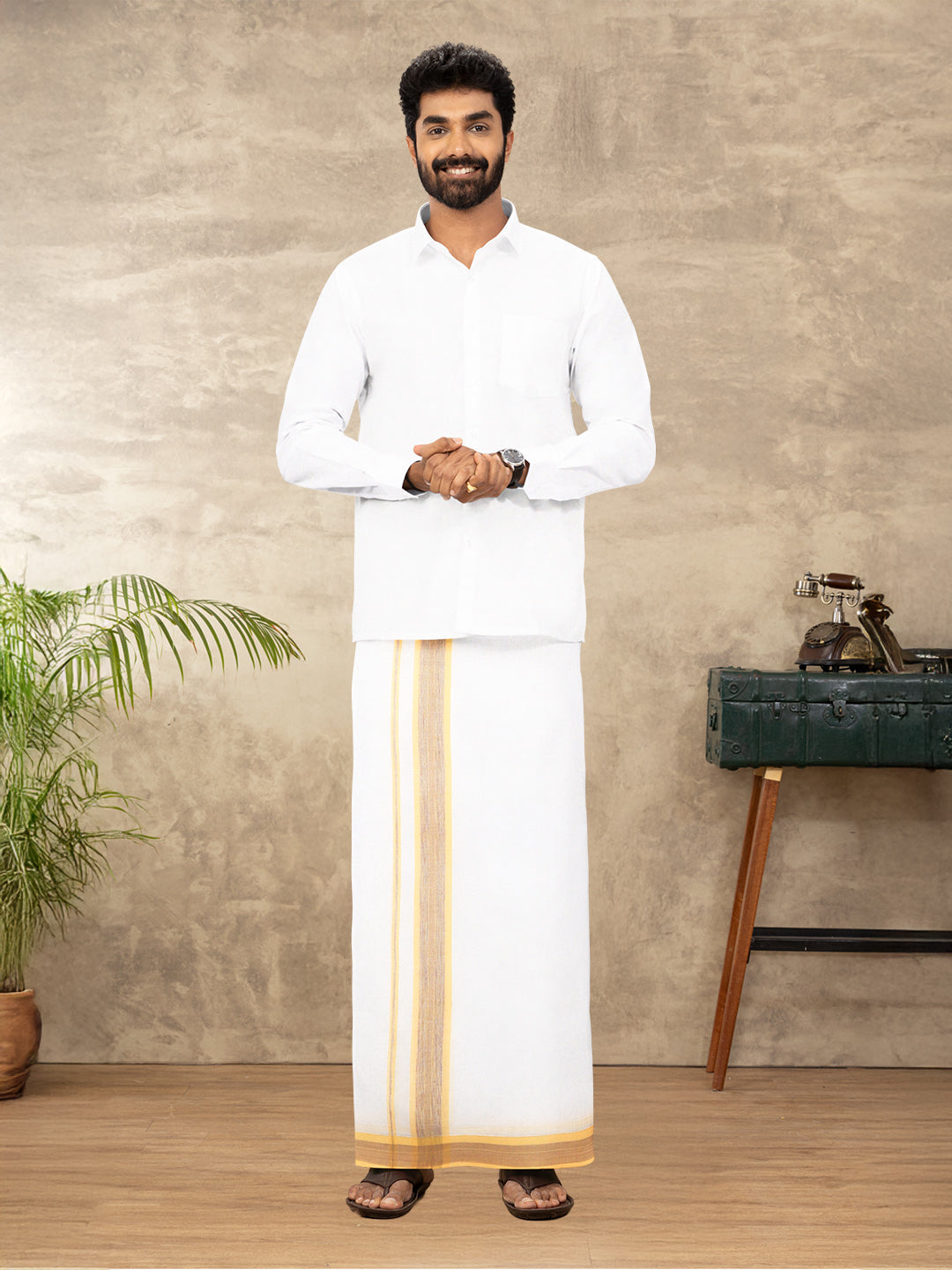 Men 100% Cotton Double Layer White Dhoti with Fancy Border RVS07