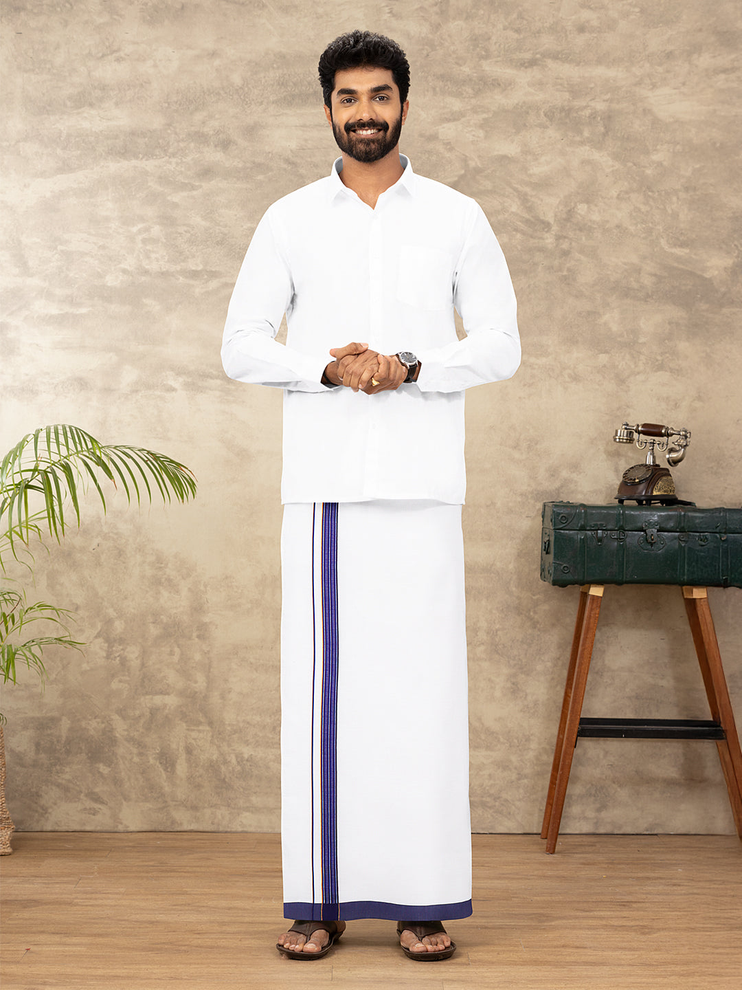 Men Cotton Blend Single Layer White Dhoti with Fancy Jari Border HGF23