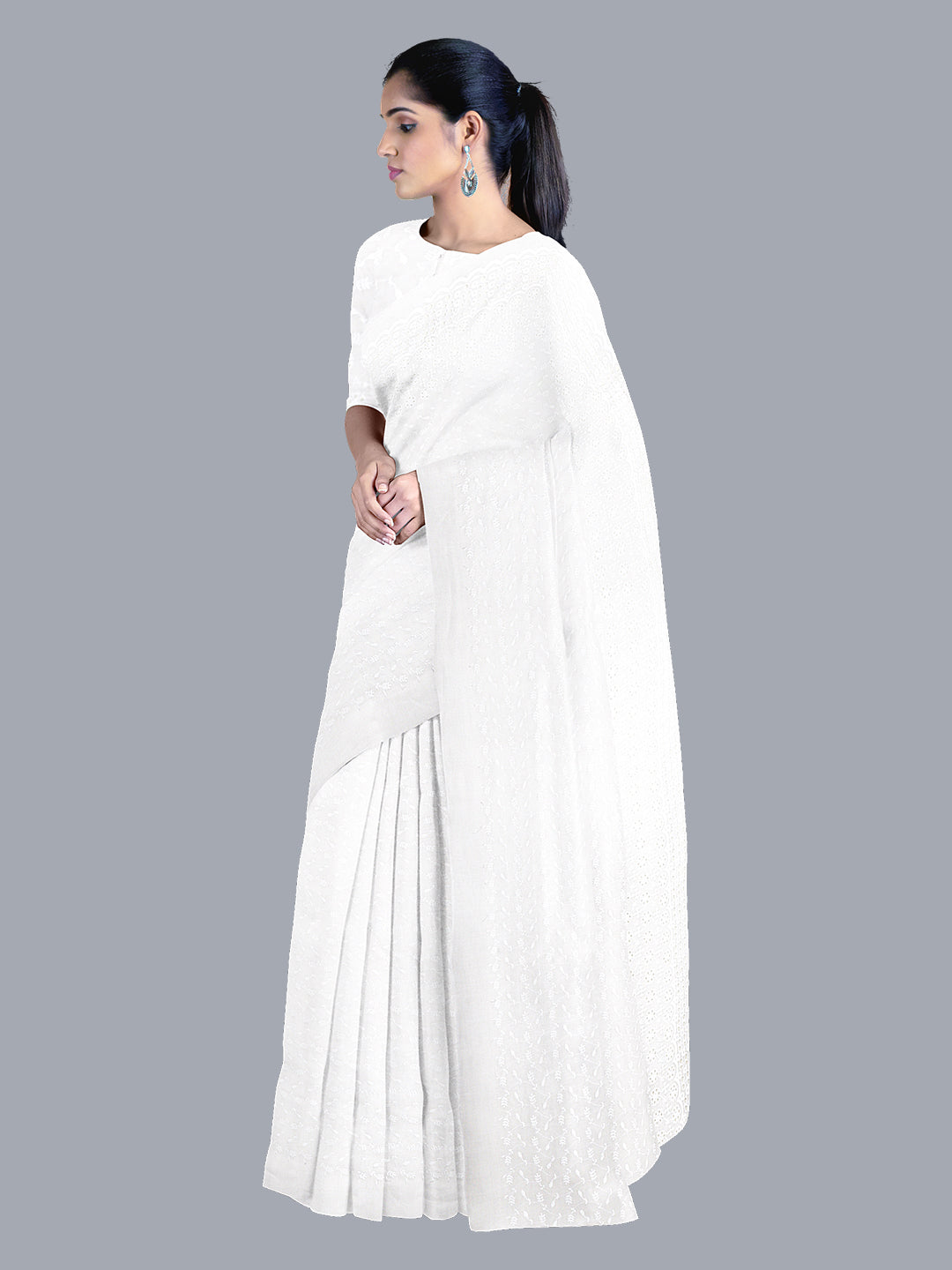 Womens White Siply Design Pure Cotton Saree CS-01