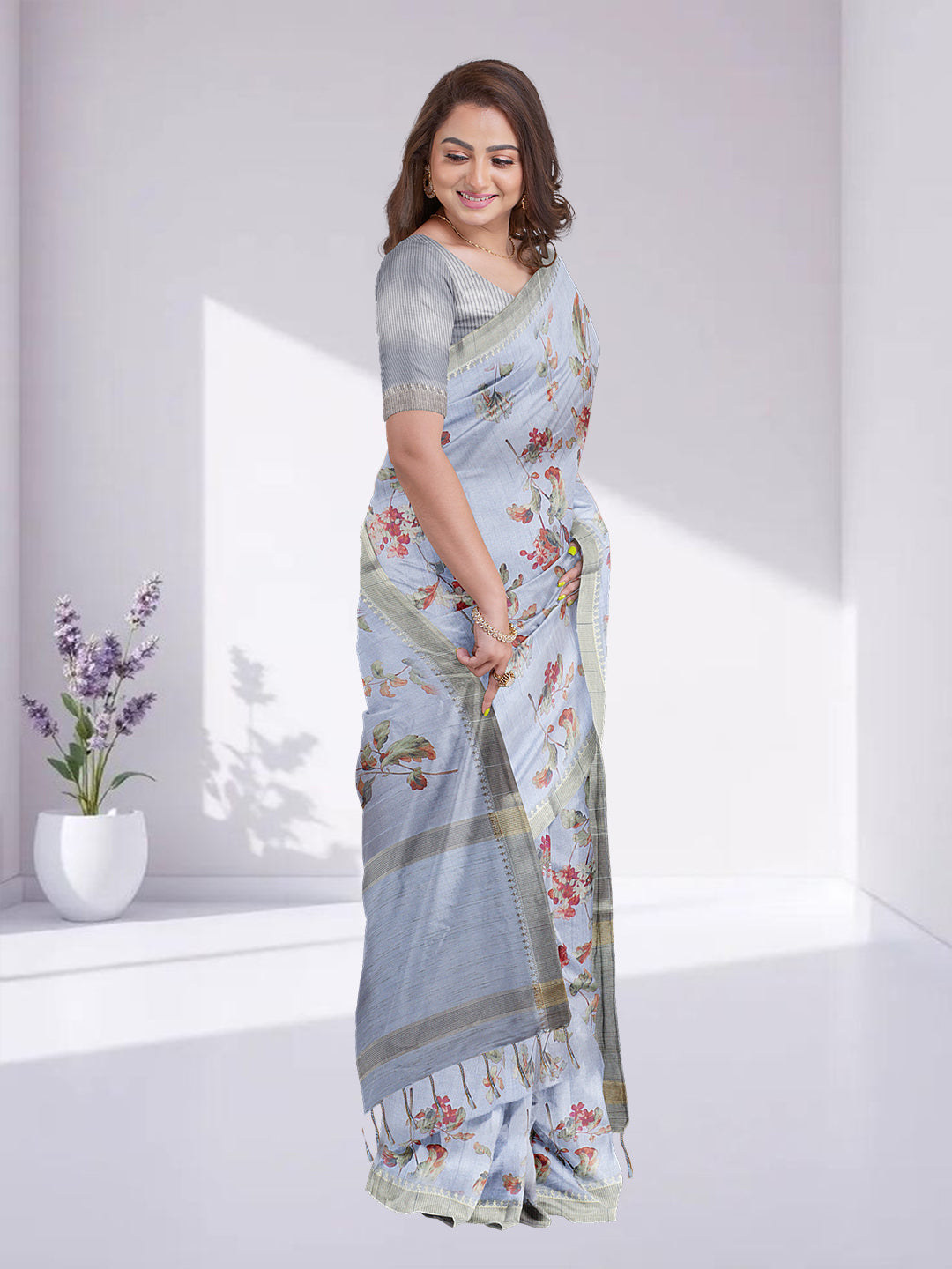 Women Lavender Semi Raw Silk Printed Saree SRS107