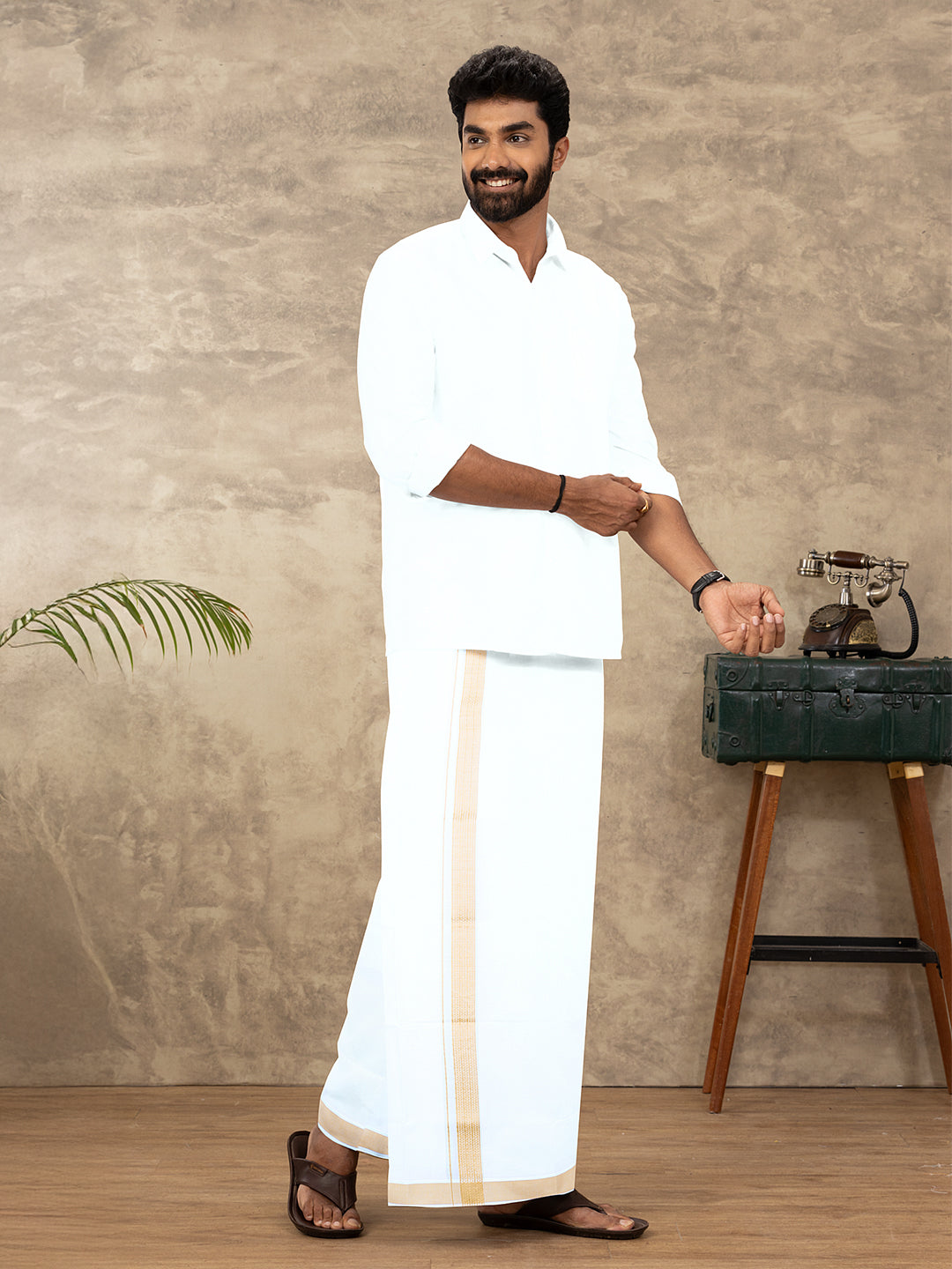 Men Cotton Blend Double Layer White Dhoti with Fancy Border TF18