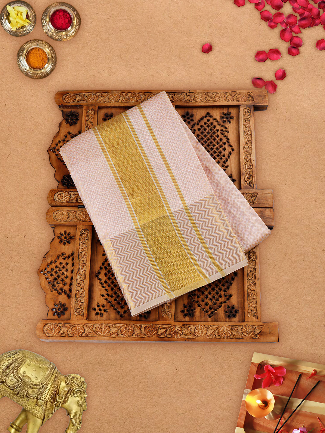 Premium Pure Silk Tissue Rose Gold Dhoti with 5" Gold Jari Border Upasana