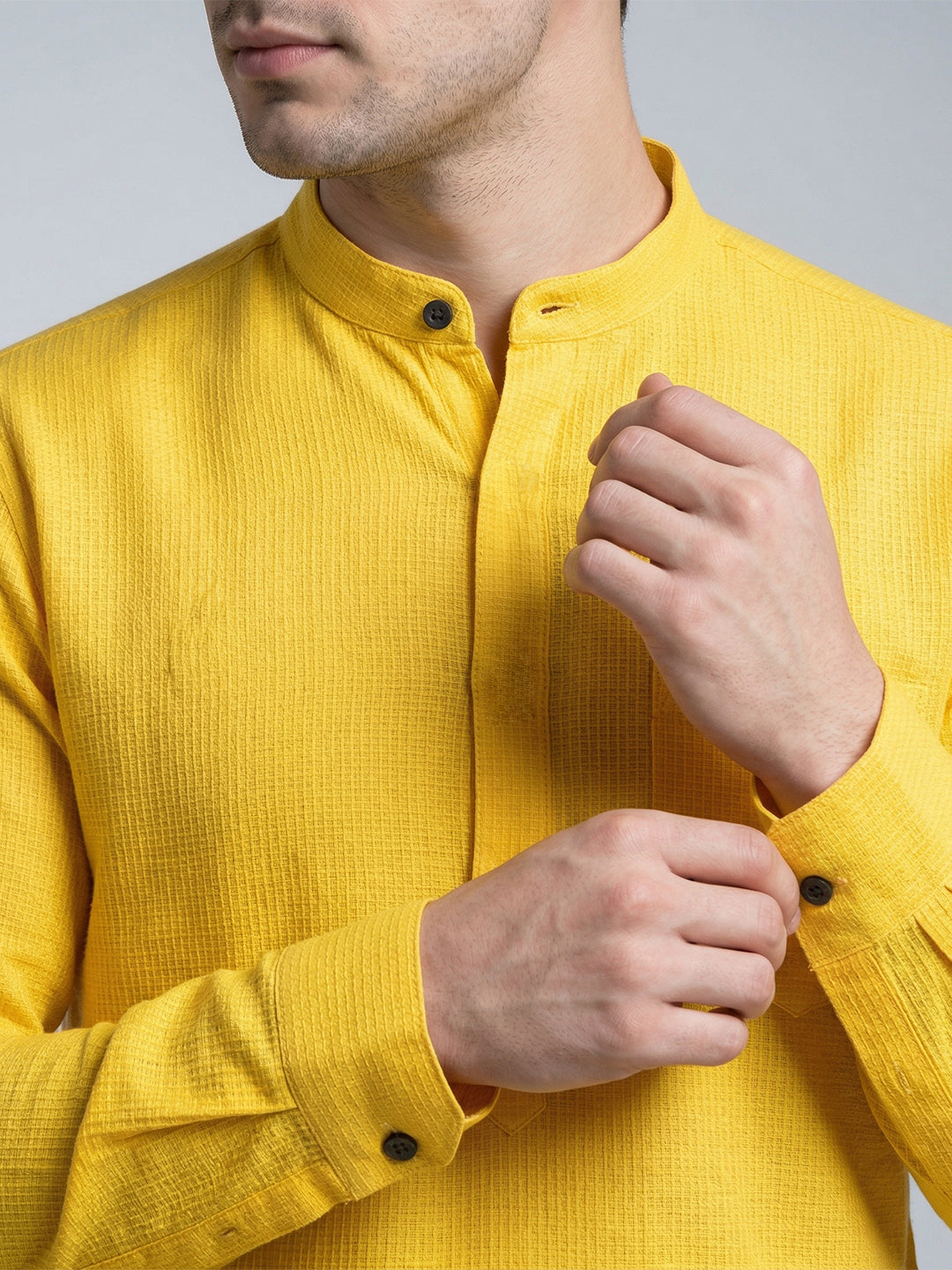 Men Cotton Short Length Self Design Pocket Kurta Honeycomb Yellow Y25