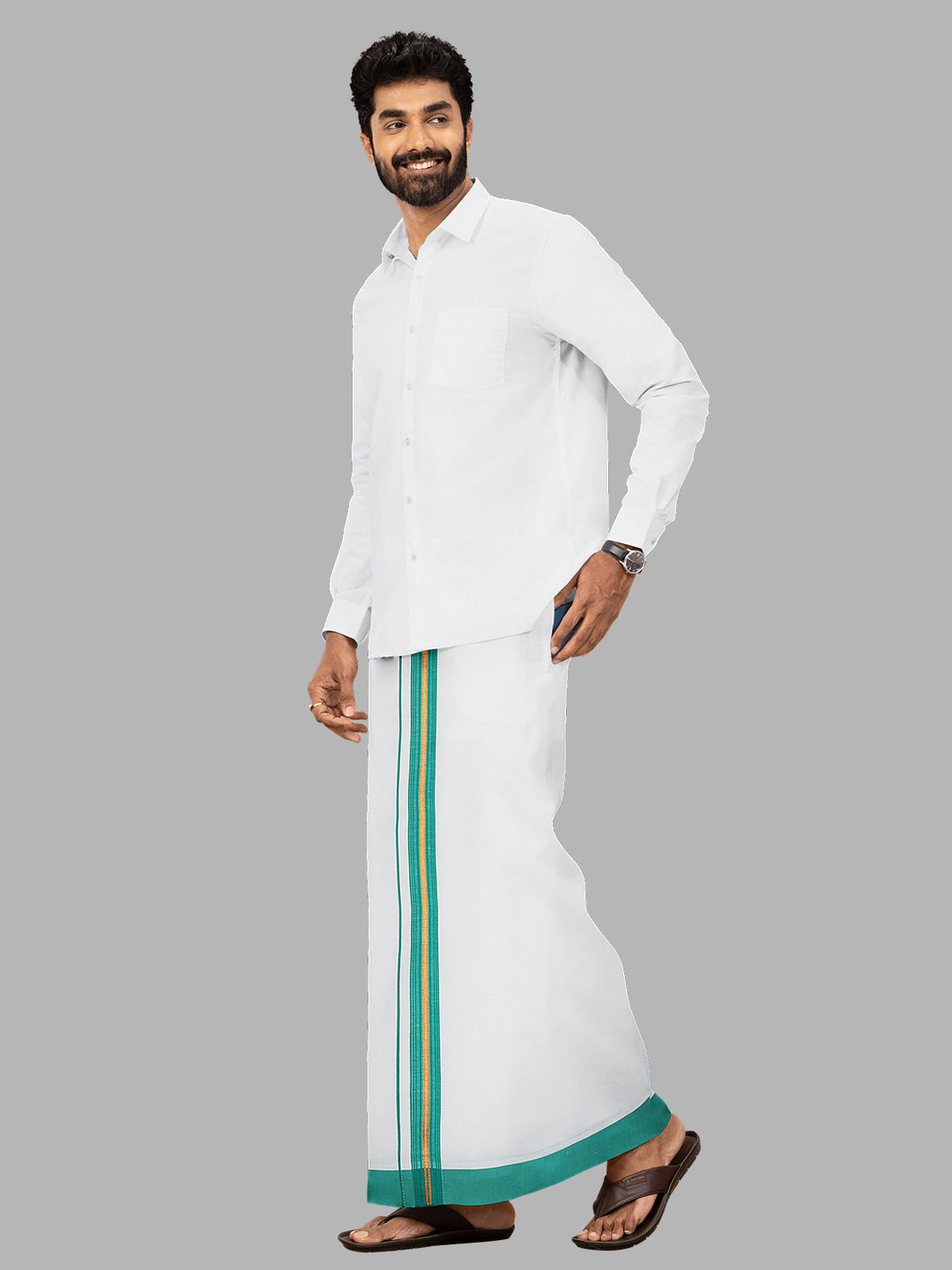 Men Green Fancy Jari Border Single Layer Adjustable Pocket Dhoti GACJ32