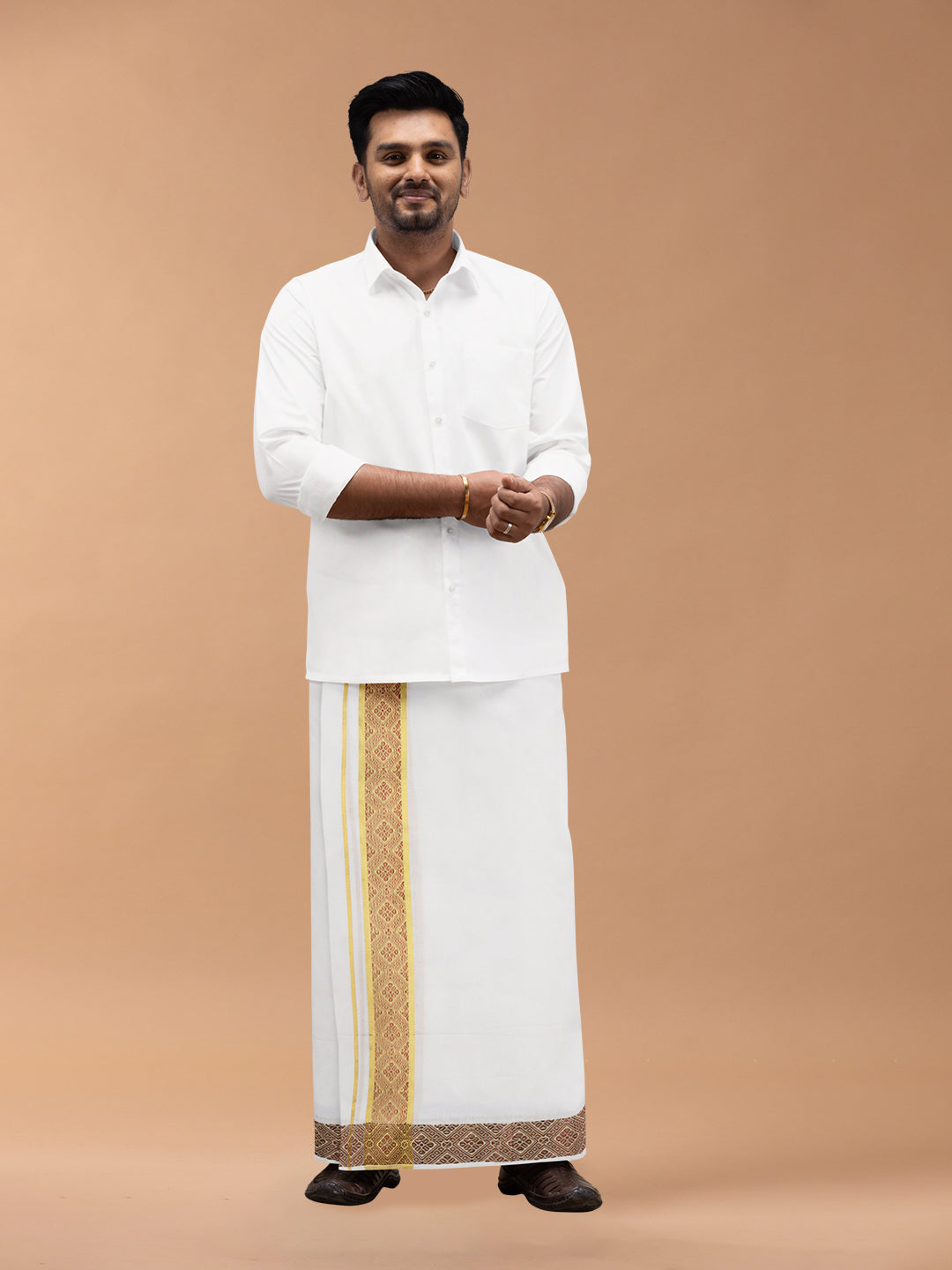 Mens Premium Handloom Dhoti Red with Gold Jari Border HLM14