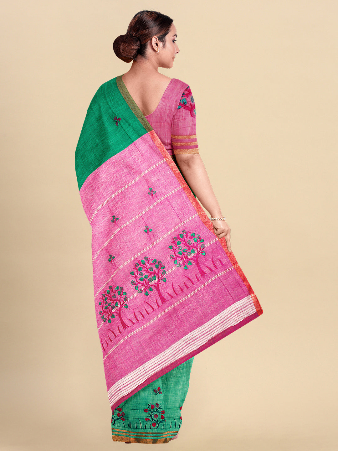 Semi Silk Cotton Allover Design Saree Green with Pink Gold Jari Border SSC18