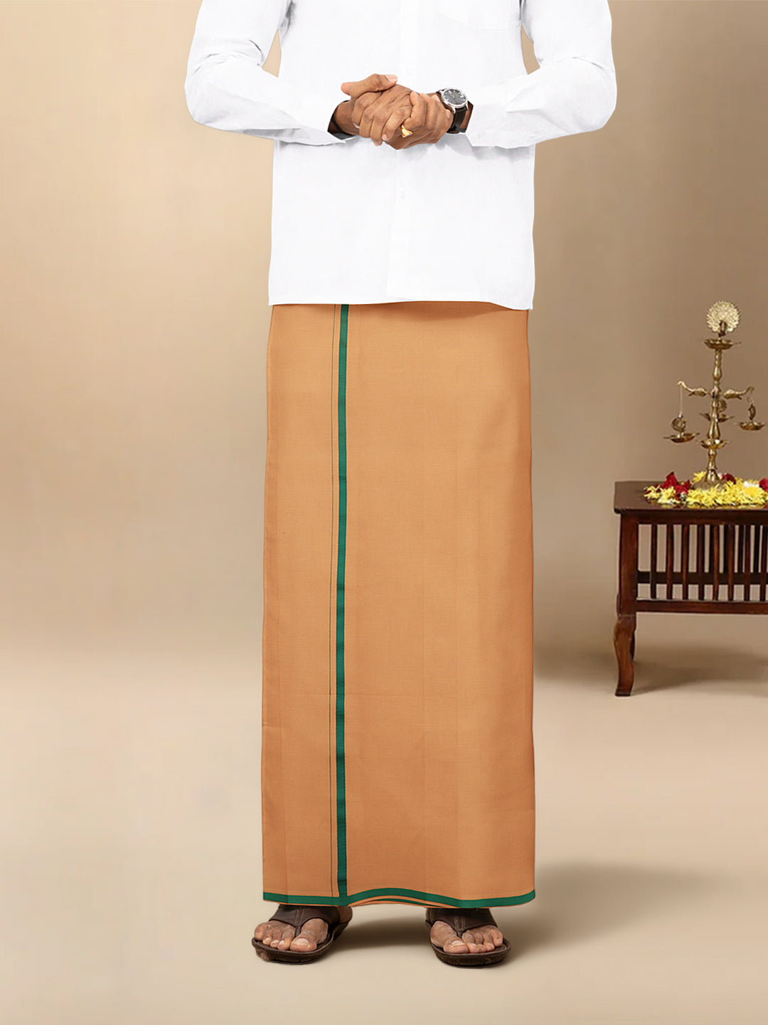 Men Cotton Blend Single Layer Kaavi Dhoti & Towel Set with Green Border Poojan