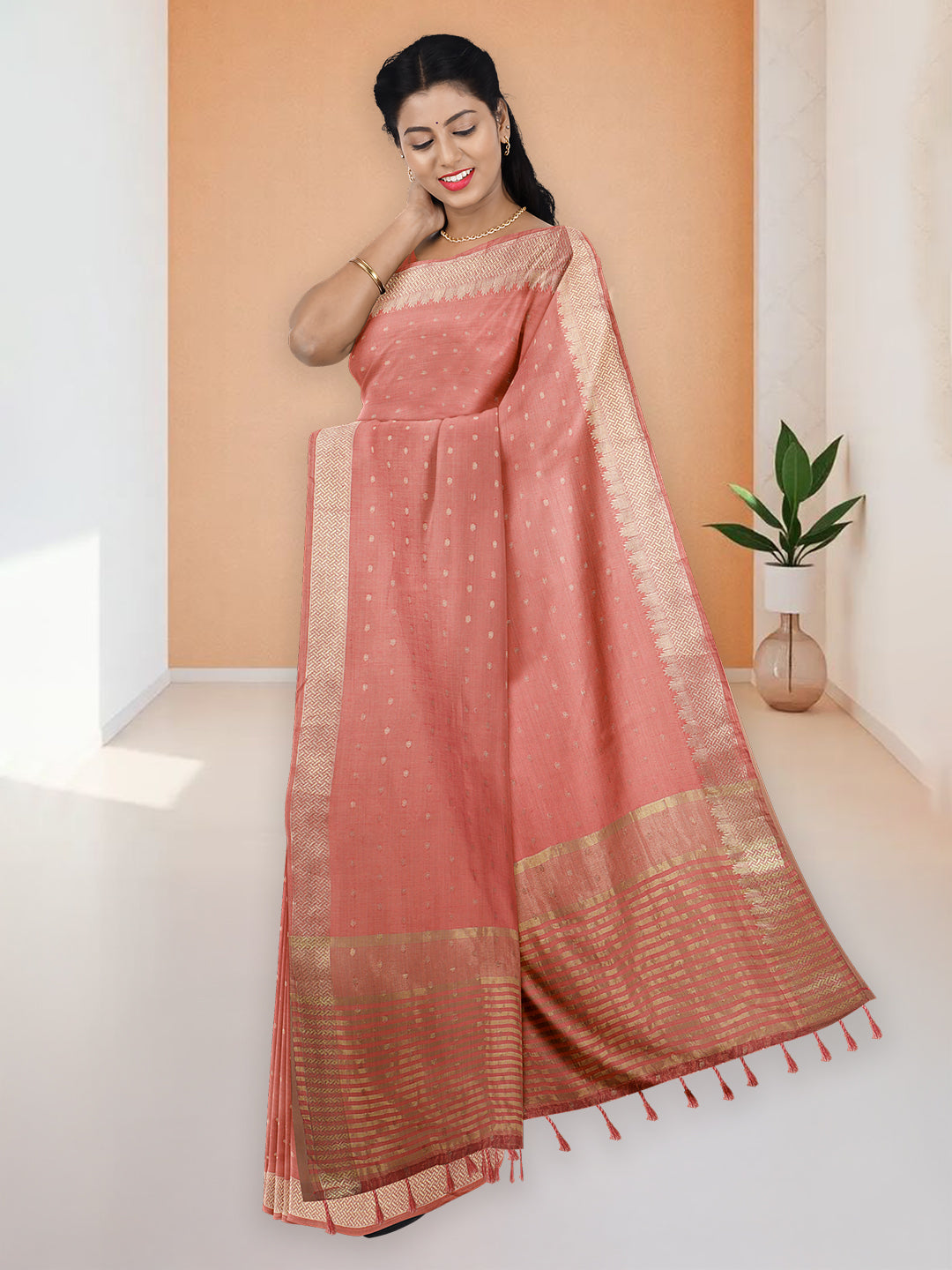 Women Orange Cotton Weaving Saree PCS188