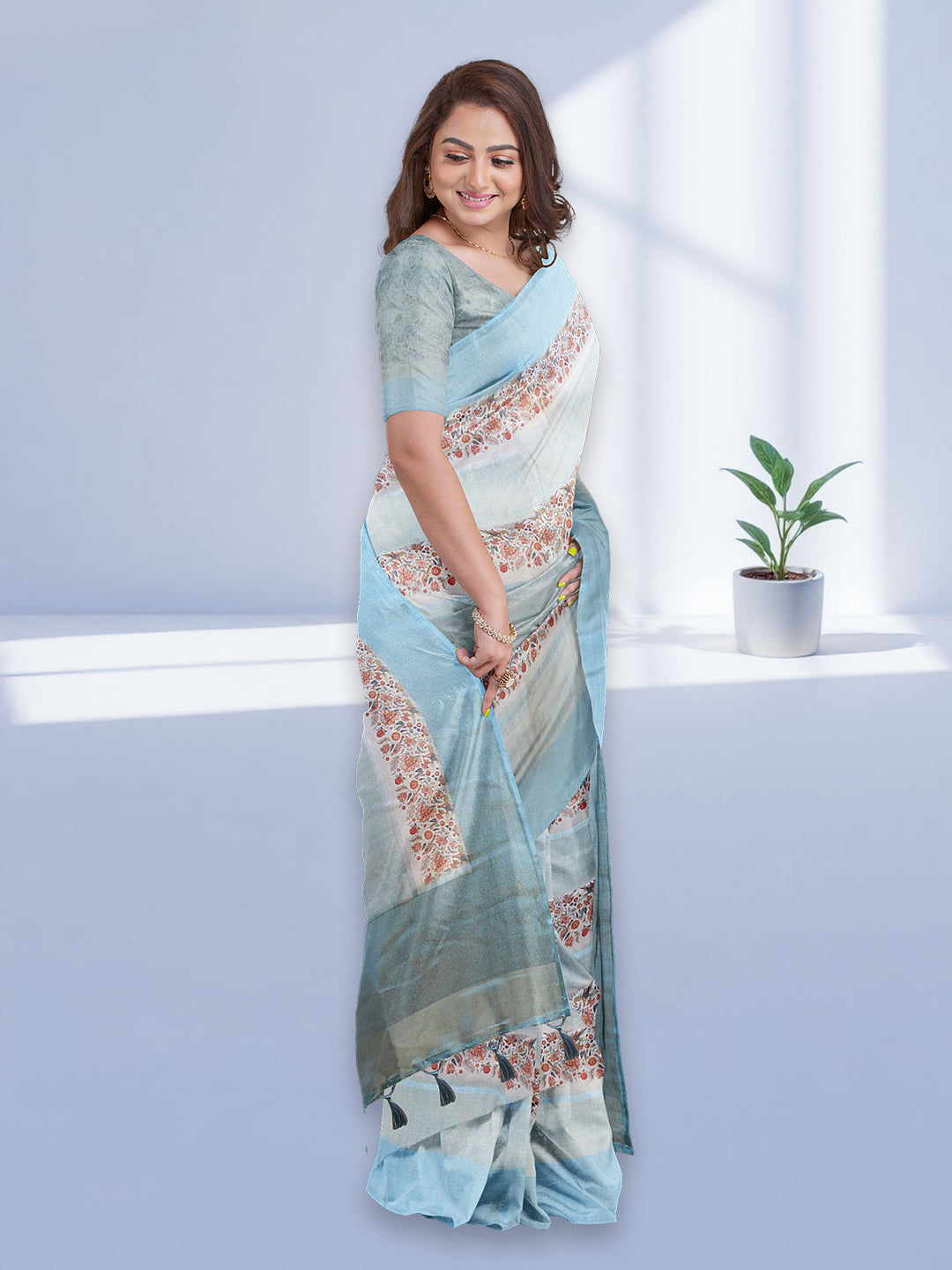 Women Blue Semi Tussar Printed Saree ST299