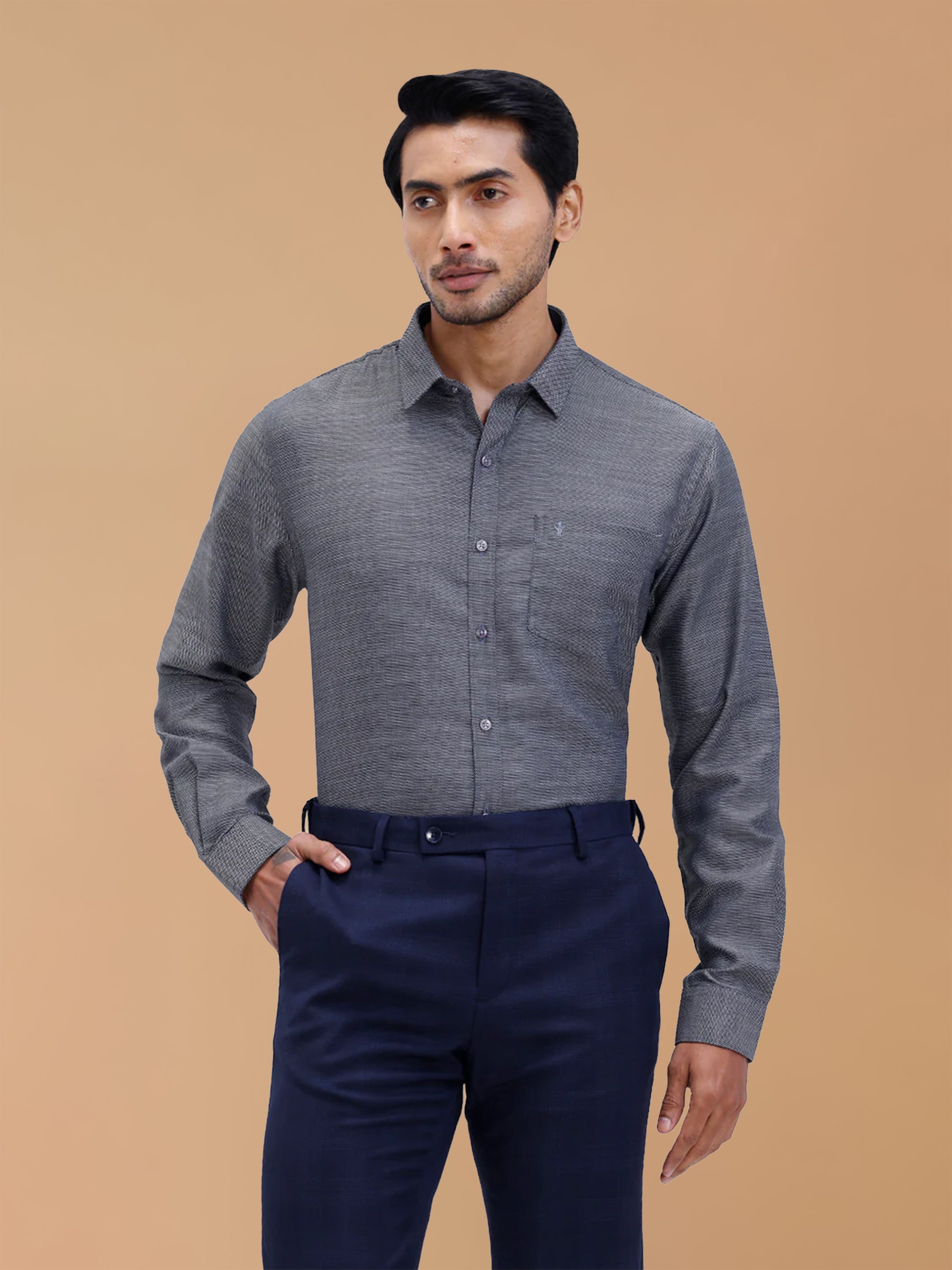 Cotton Rich Grey Black Dobby Regular Fit Shirt T59 AIT5