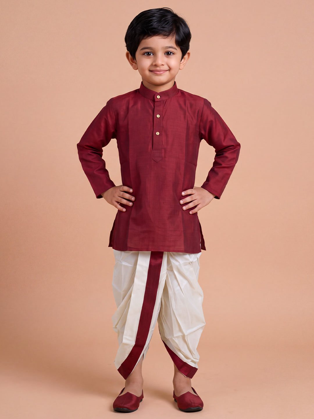 Boys Slub Cotton Full Sleeves Maroon Kurta with Panchakacham Combo Set SL6