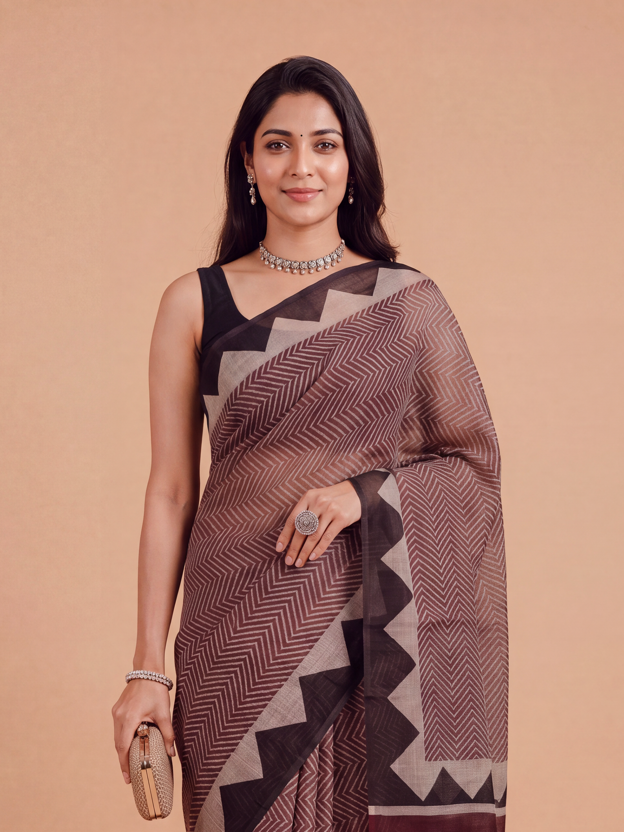 Women Linen Printed Black with Brown Saree SL259