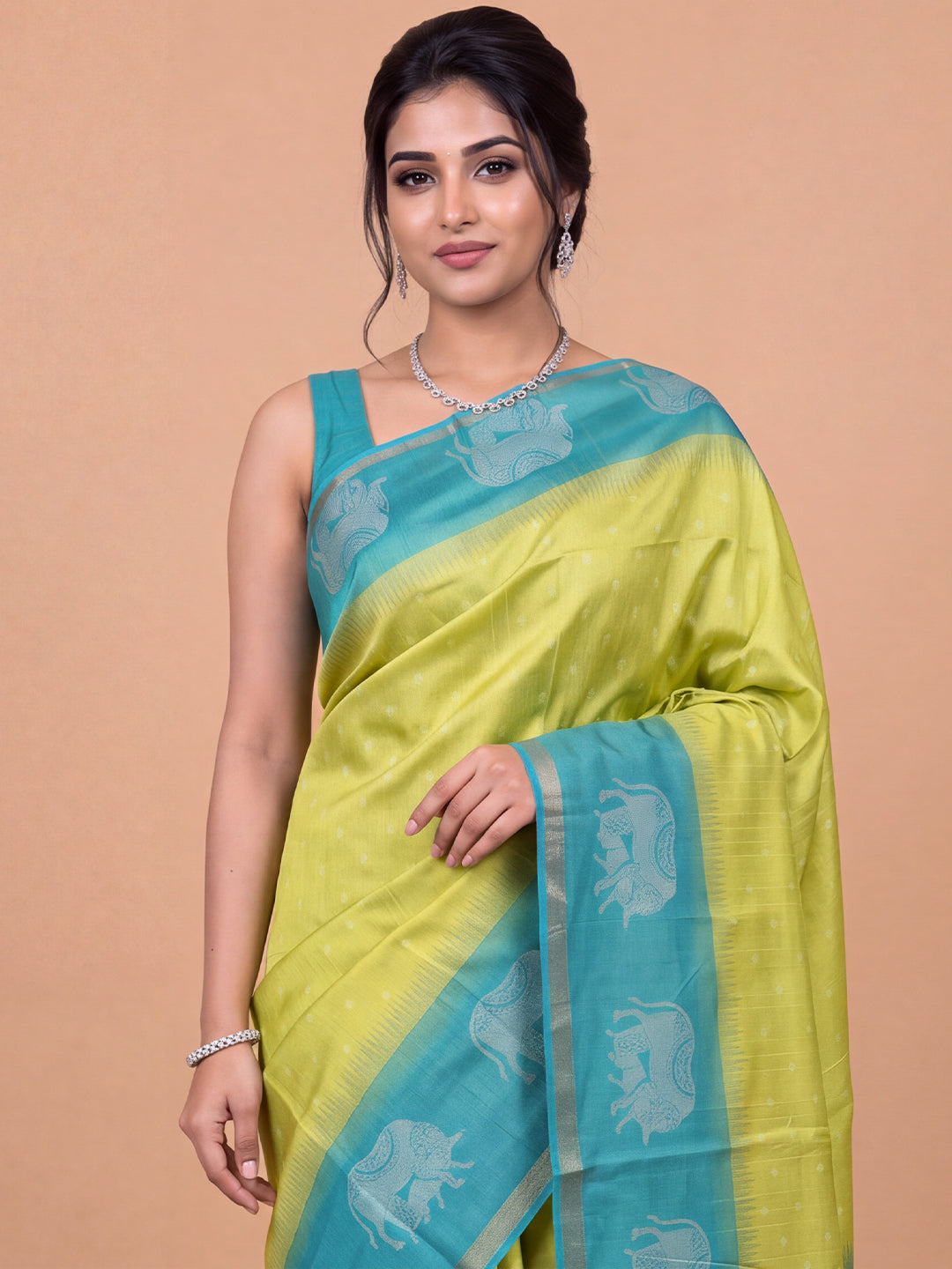 Women Semi Raw Silk Charteuse Yellow with Teal Blue Fancy Printed Saree SRS128
