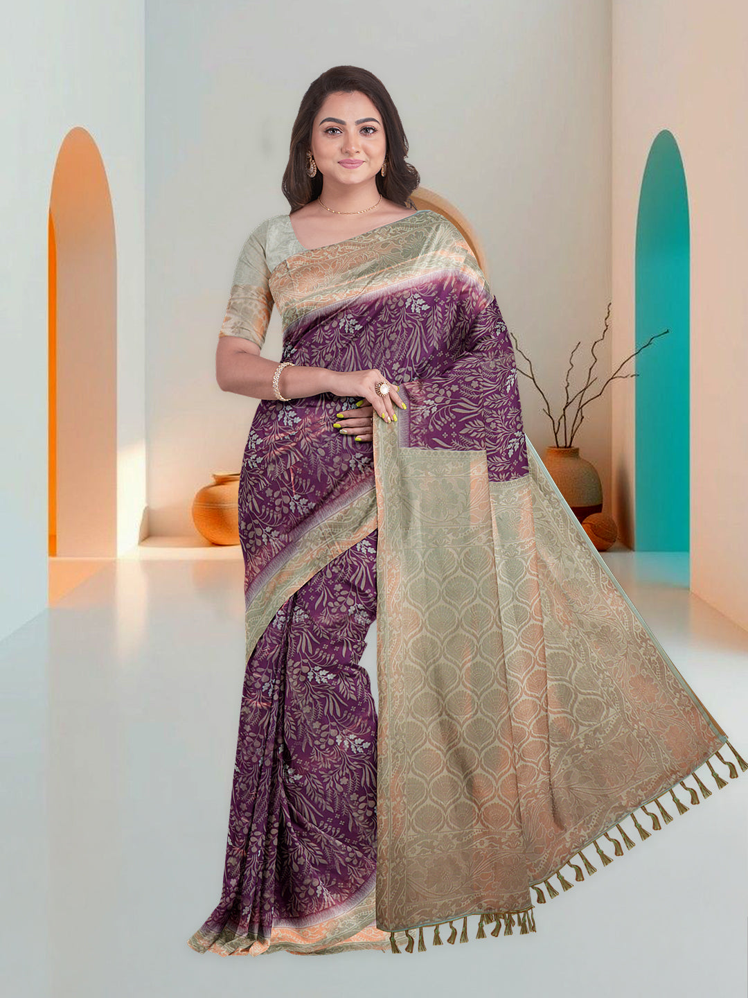Women Violet Art Silk Printed Saree ASS59