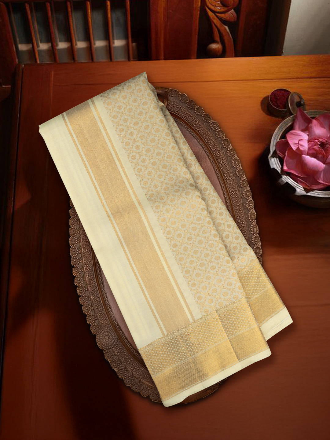 Men Premium Pure Silk Cream Dhoti & Towel Set with 6" inch Gold Jari Border Amirtham AM11