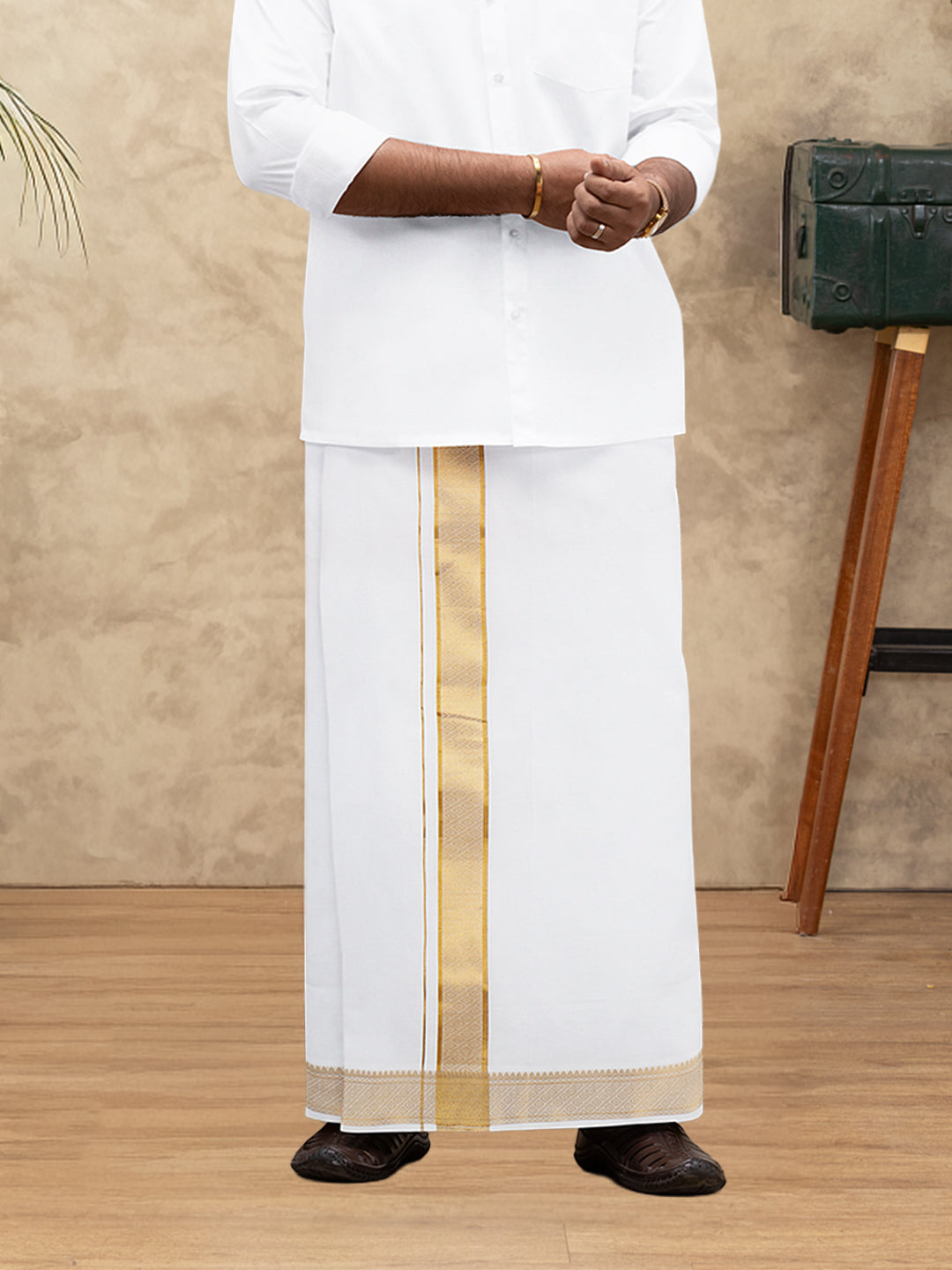 Men 100% Cotton Single Layer White Dhoti with Gold Jari Border Aura 365