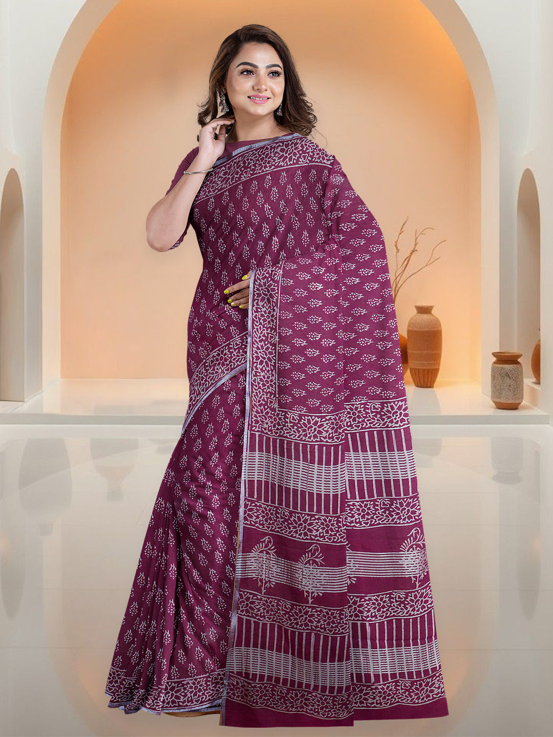 Women Grape Semi Tussar Printed Saree ST306
