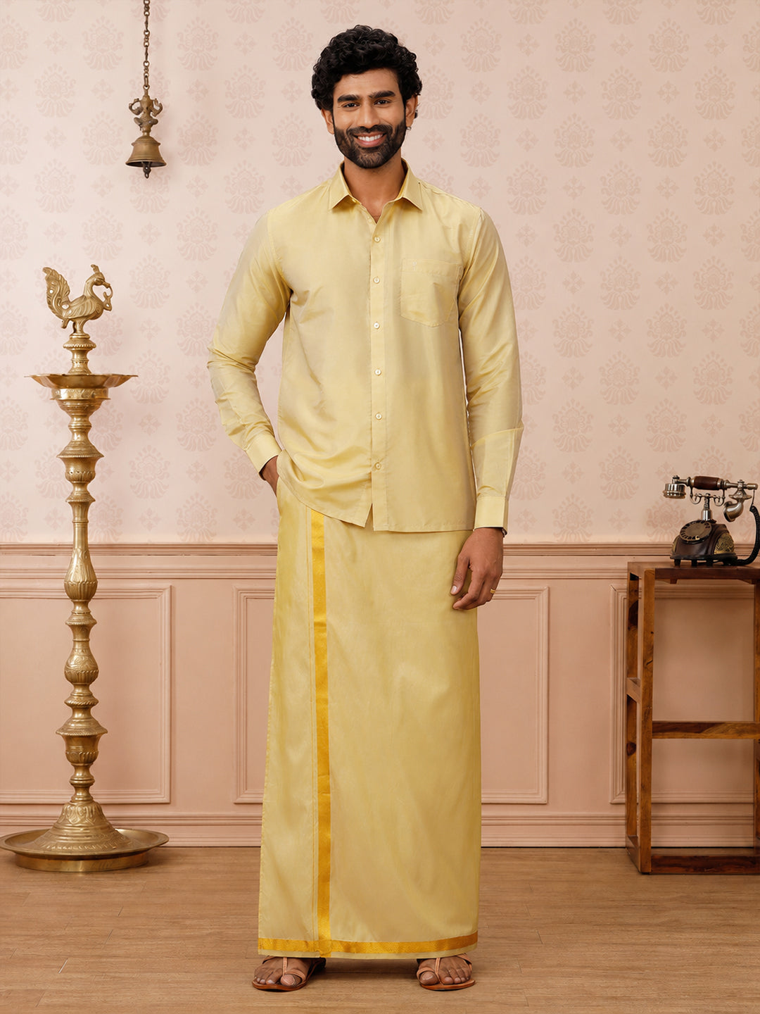 Art Silk Dark Gold Shirt & Dhoti Set