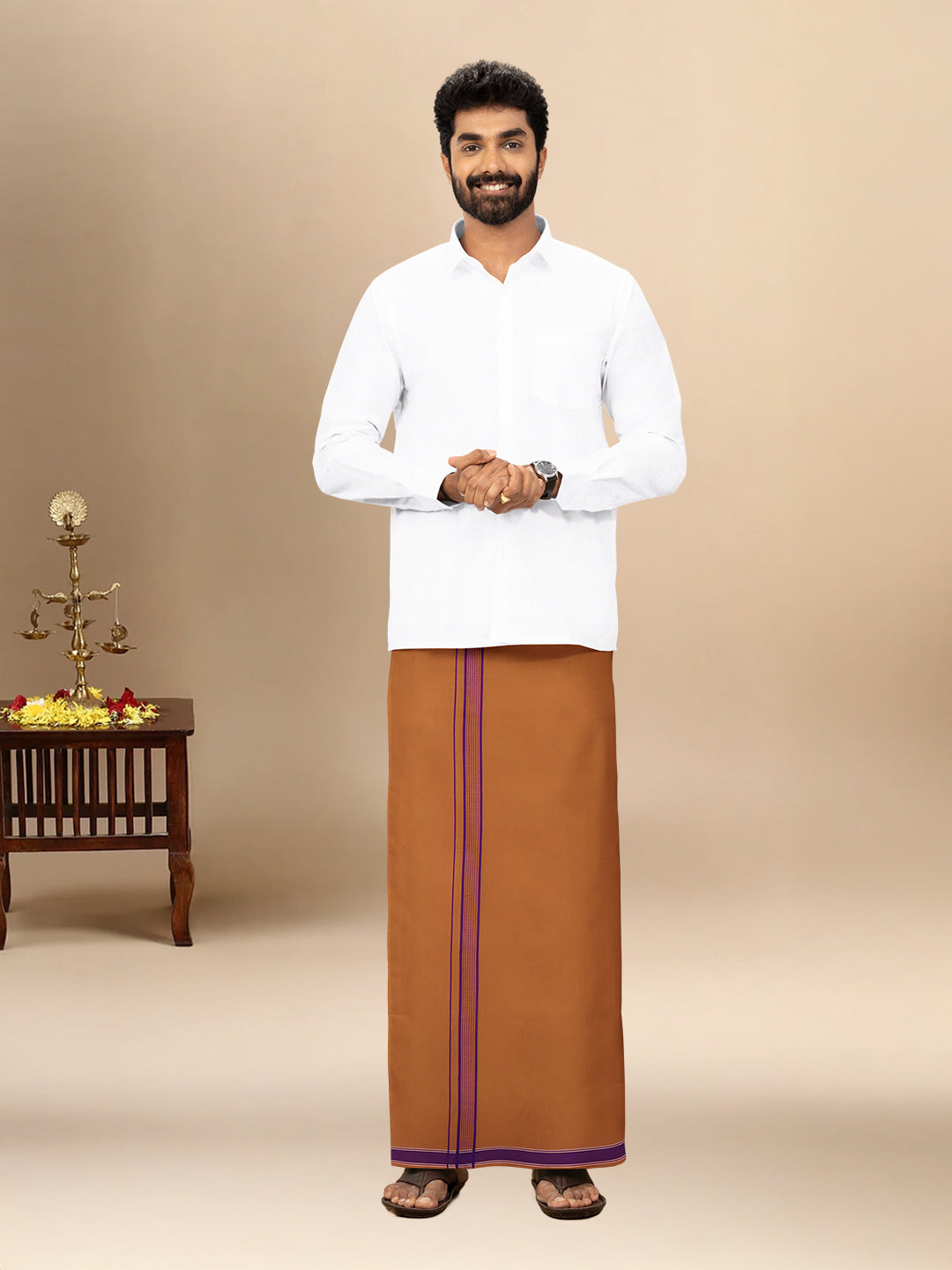 Men Cotton Blend Single Layer Kaavi Dhoti with Fancy Border Charming Line Colour 1