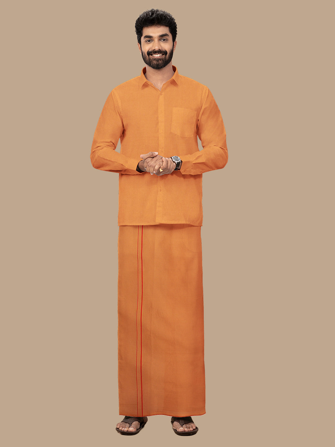 Men Assorted Border Readymade Single Dhoti Dark Kavi