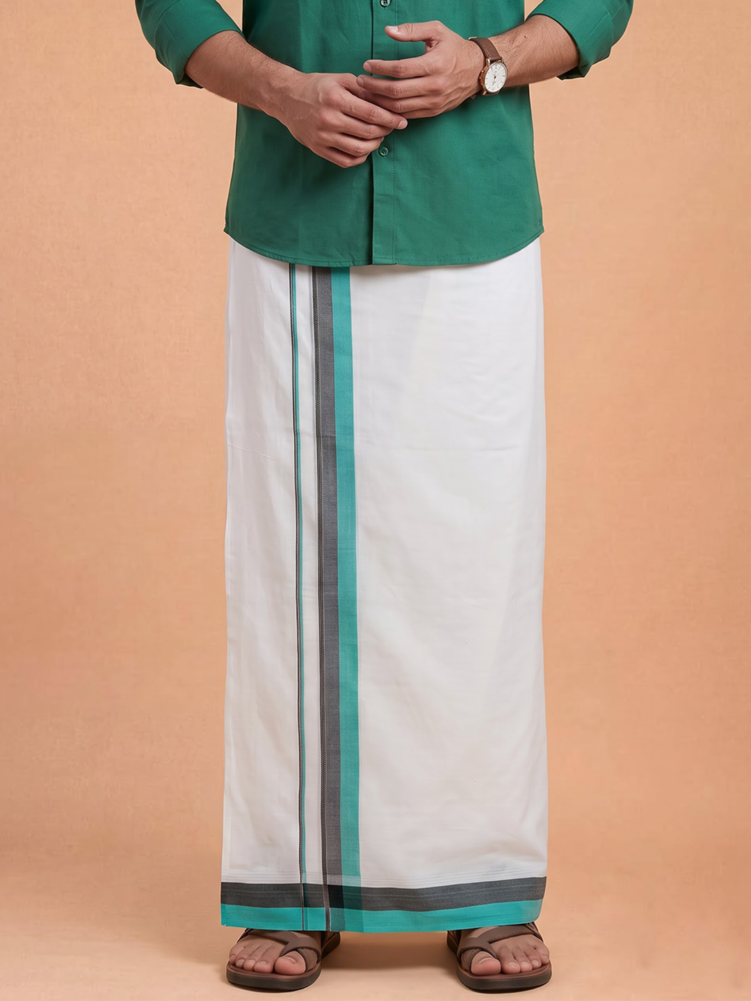 Double Layer 100% Cotton White Dhoti With Colour Jari Border - EJF29