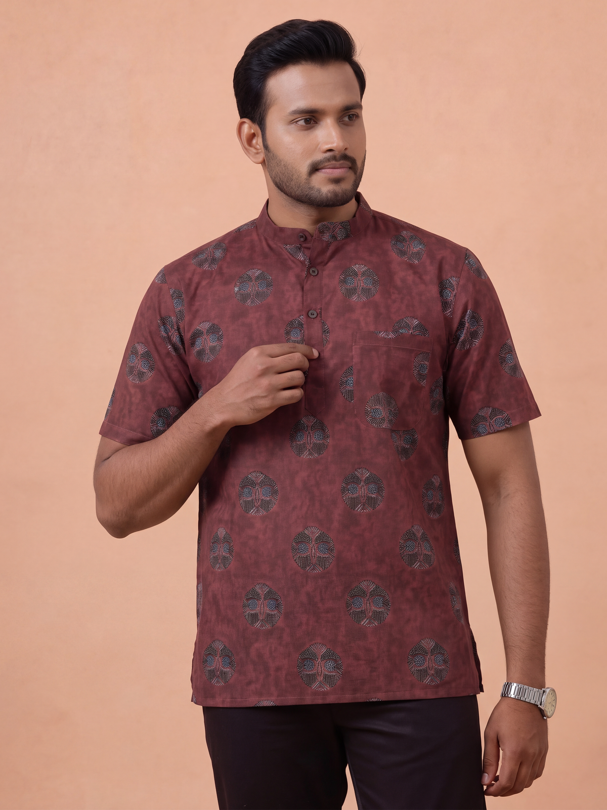 Cotton Short Length Printed Pocket Kurta Reddish Brown OE11