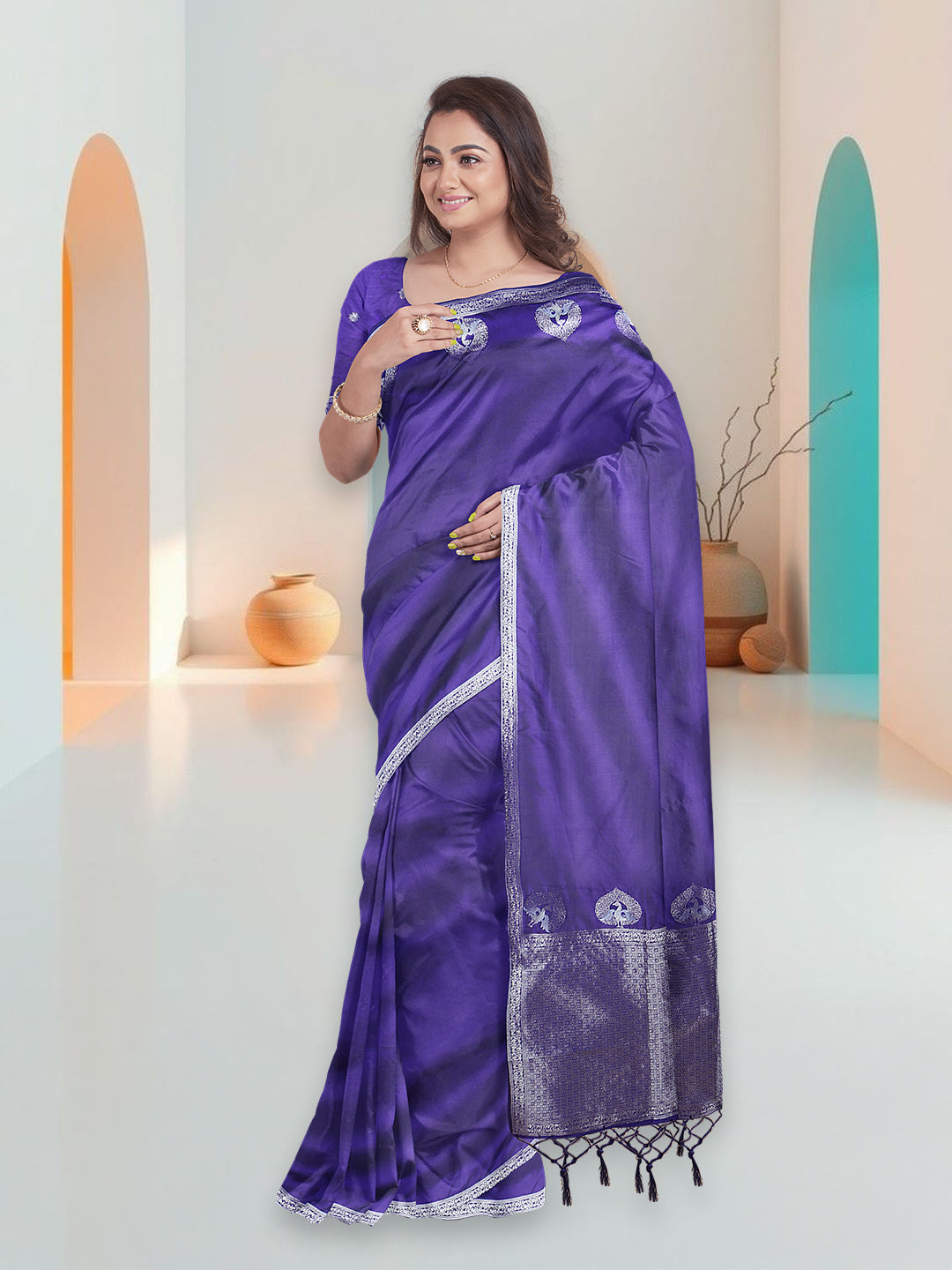 Women Violet Art Silk Printed Saree ASS89