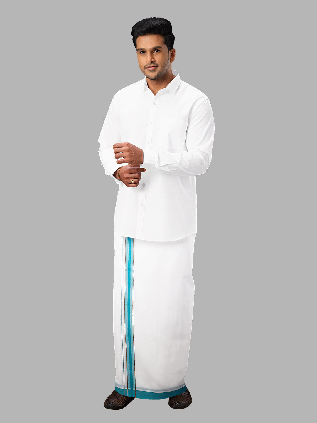 Men Blue Fancy Jari Border Double Layer White Dhoti PJF1