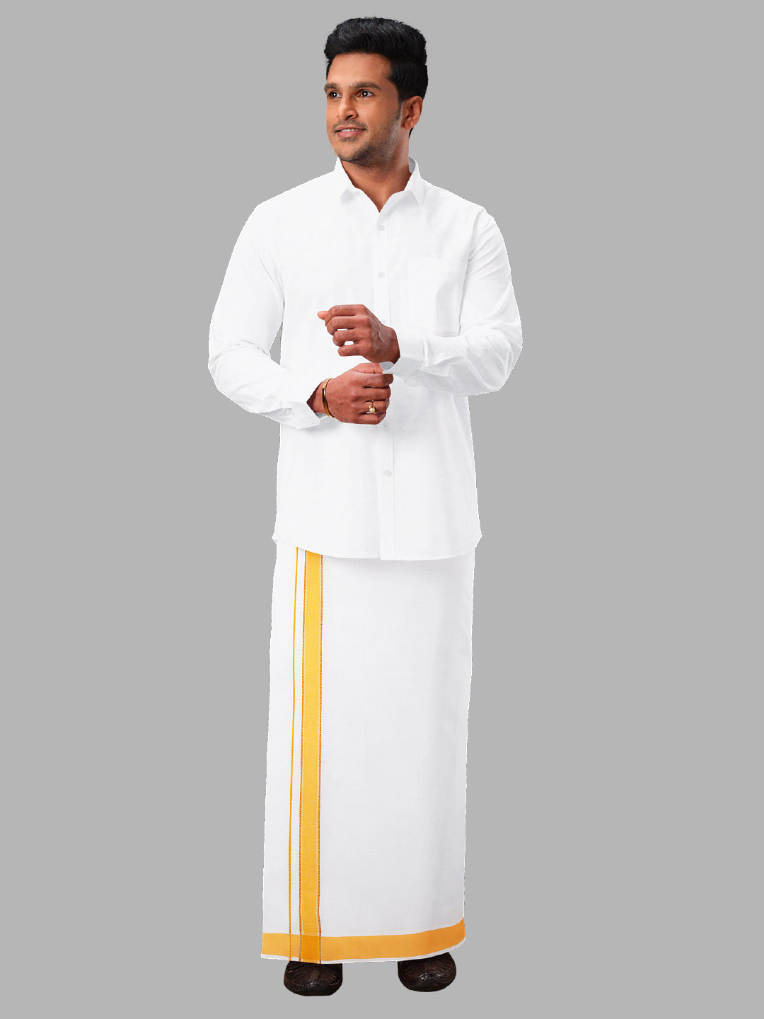 Men Yellow Adjustable Pocket Dhoti with Fancy Border GACJ15