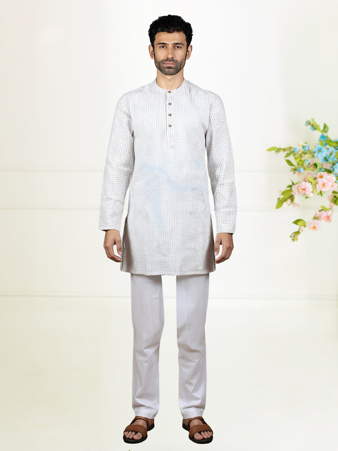 Men Cotton Medium Length Self Design Pocket Kurta White PC7