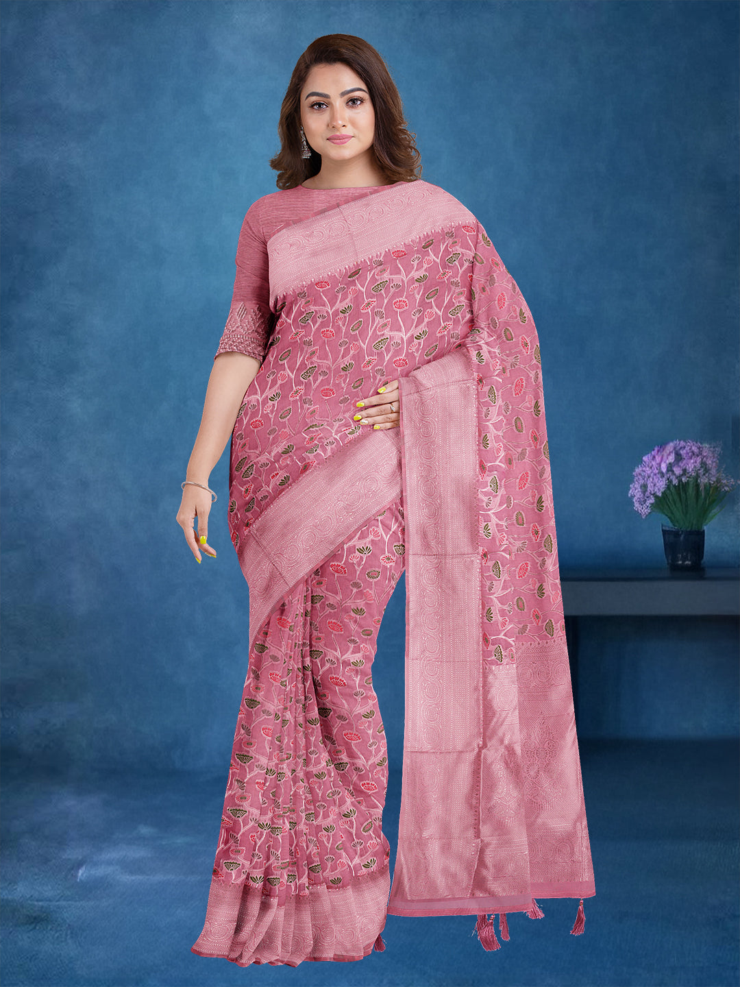 Couple Combo Shirt & Dhoti Set with Saree Pink ASS32
