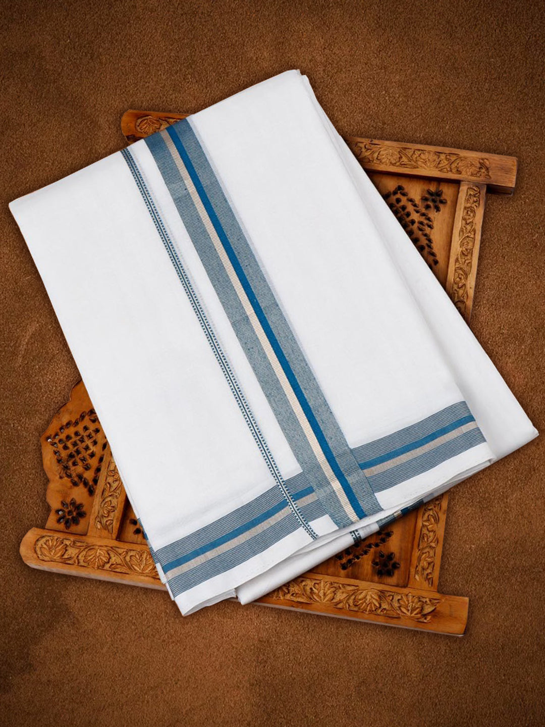 Mens Premium Handloom White Double Dhoti with Blue Fancy Border HLM4206