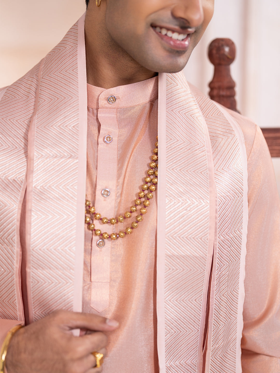 Pure Silk Copper Tissue Weaving Rose Gold Meena Jari Dhoti Shirting & Towel Set with 2½" Jari Border – Rajahamsa