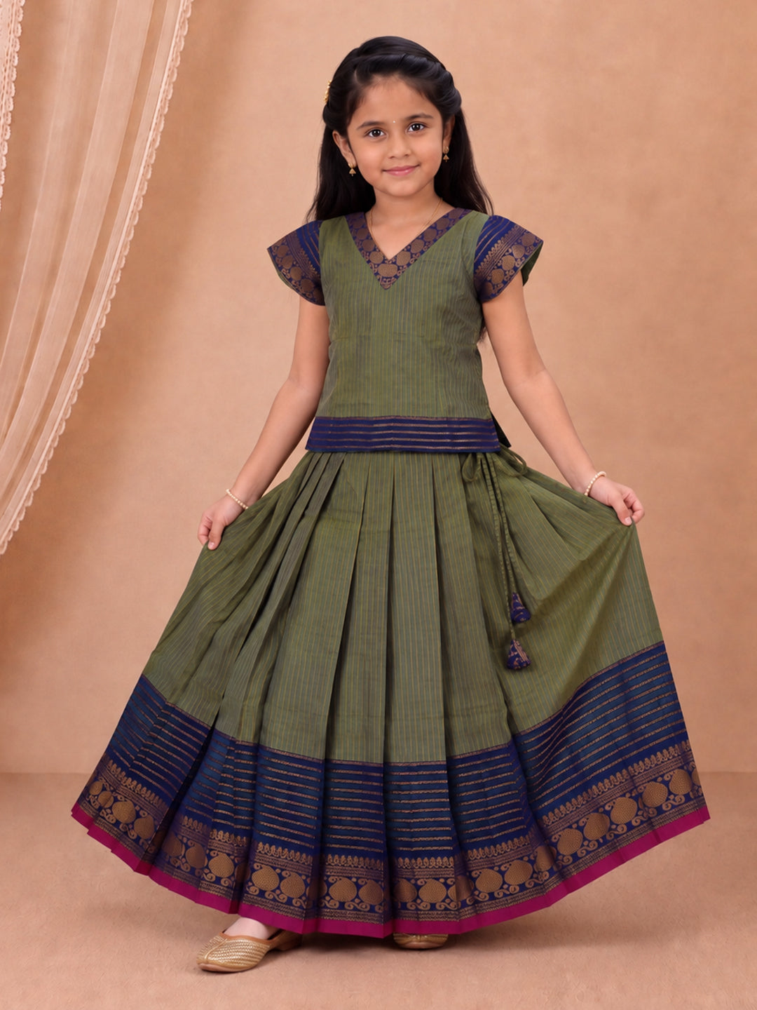 Girls Cotton Green with Blue Pattu Pavadai Set GPS54
