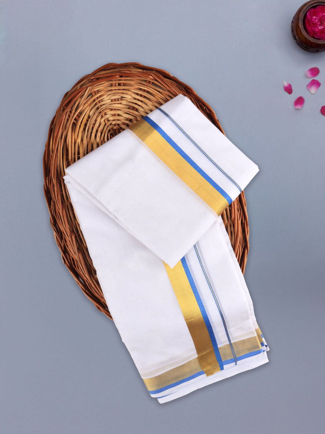 Men 100% Cotton Double Layer White Dhoti with Fancy Jari Border LC08
