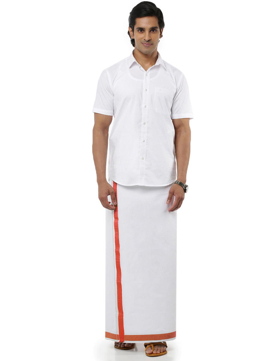 Mens Double Dhoti White with Fancy Border Anchor Special Saffron-Full view