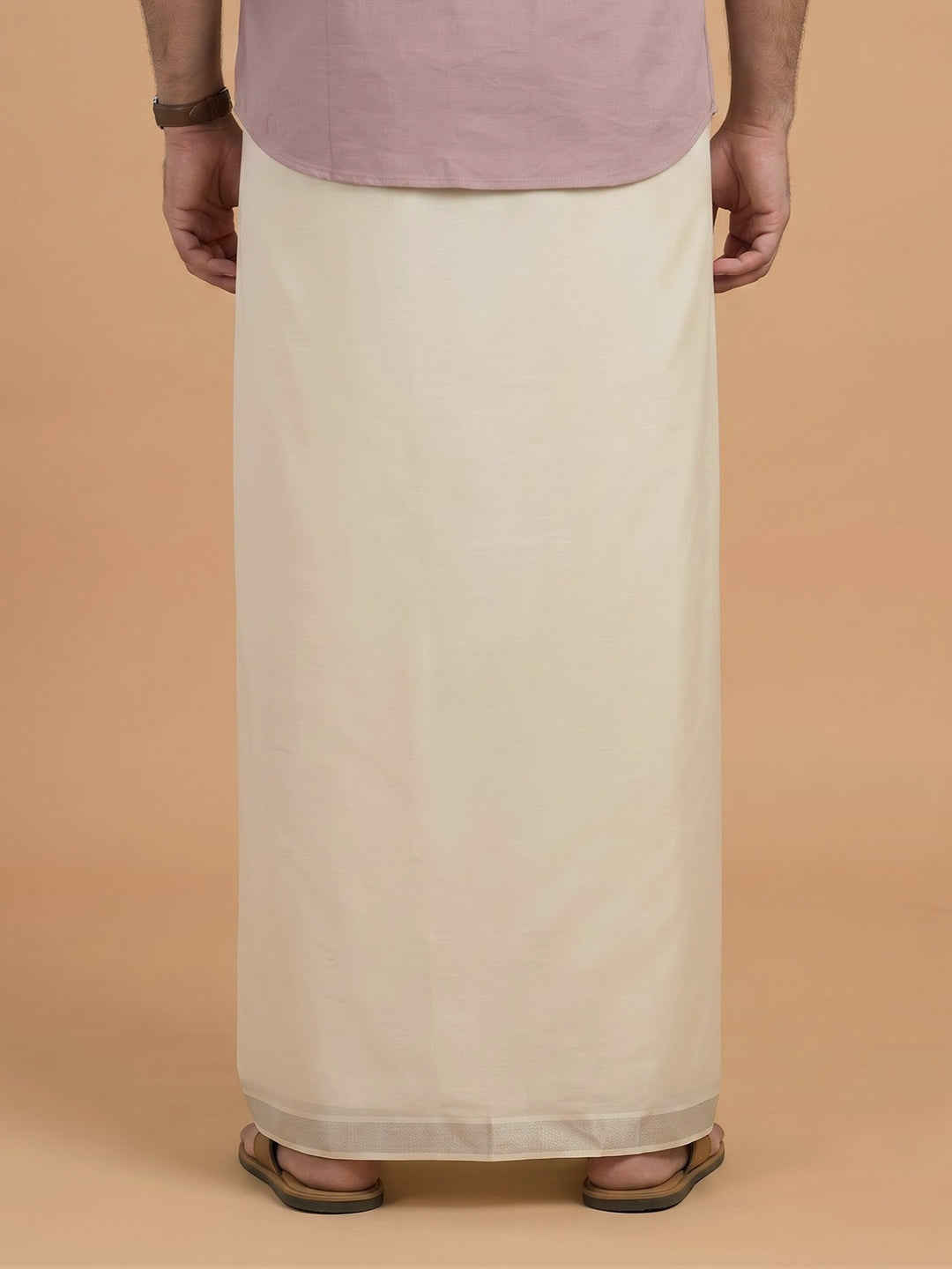 Double Layer Giza Cotton Cream Kora Dhoti with Colour Jari Border - LC38