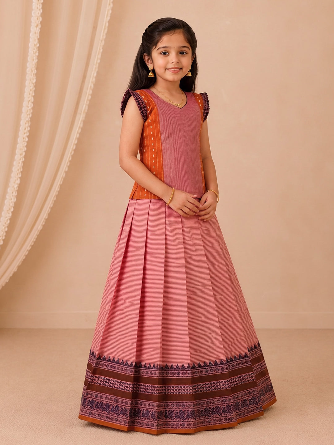 Girls Cotton Lilac with Brown Pattu Pavadai Set GPS51
