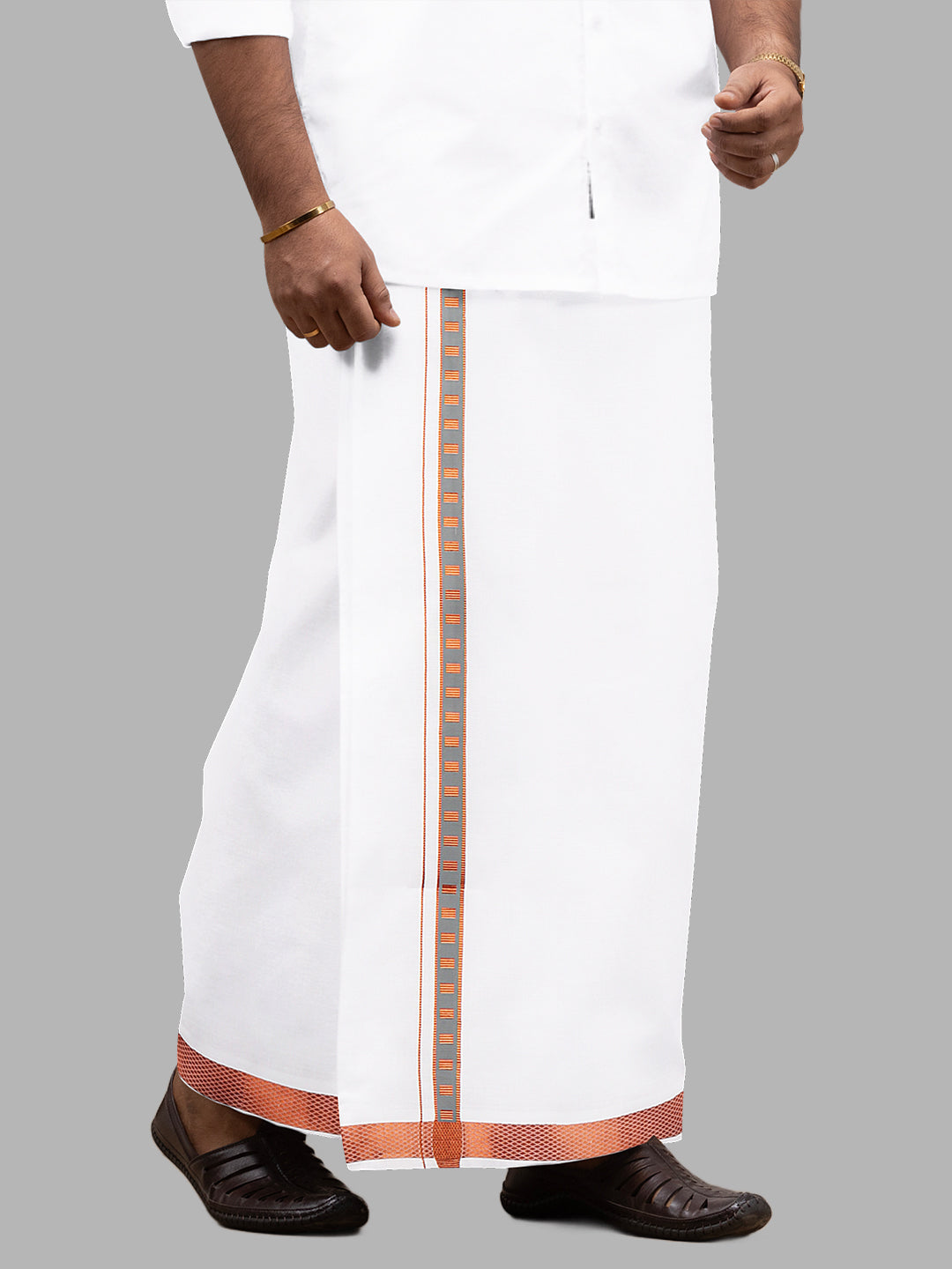 Men White with Grey Fancy Jari Border Single Layer Dhoti Roxy R01