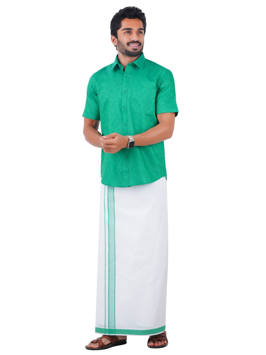 Matching Shirt and Dhoti Set with Saree Family Combo Green-Front view