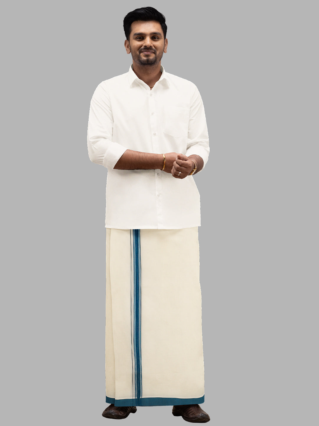 Men Blue Fancy Border Double Layer Kora Dhoti VKF05