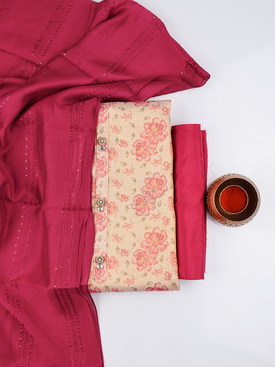 Women Sandal & Pink Flower Digital Print Unstitched Semi Raw Silk Cotton Dress Material DM88