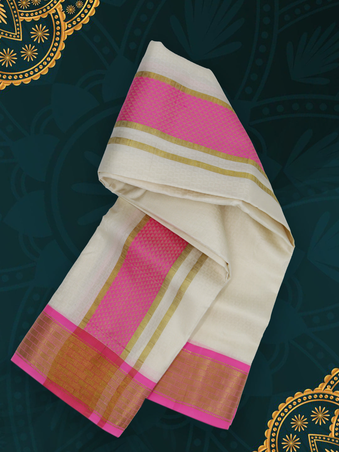 Men Pure Silk Cream Dhoti & Towel Set with 3" inch Pink & Gold Fancy Jari Border