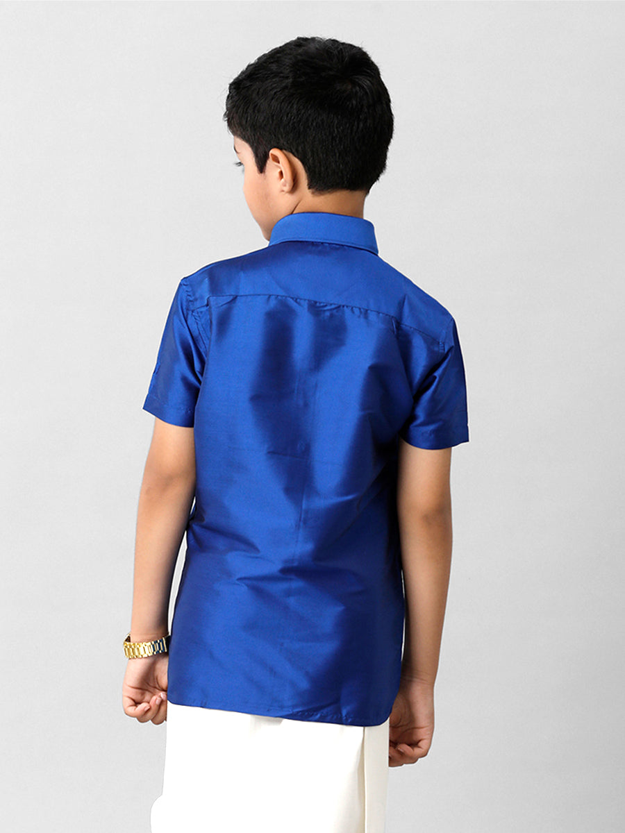 Boys Silk Cotton Light Blue Half Sleeves Shirt K5-Back view